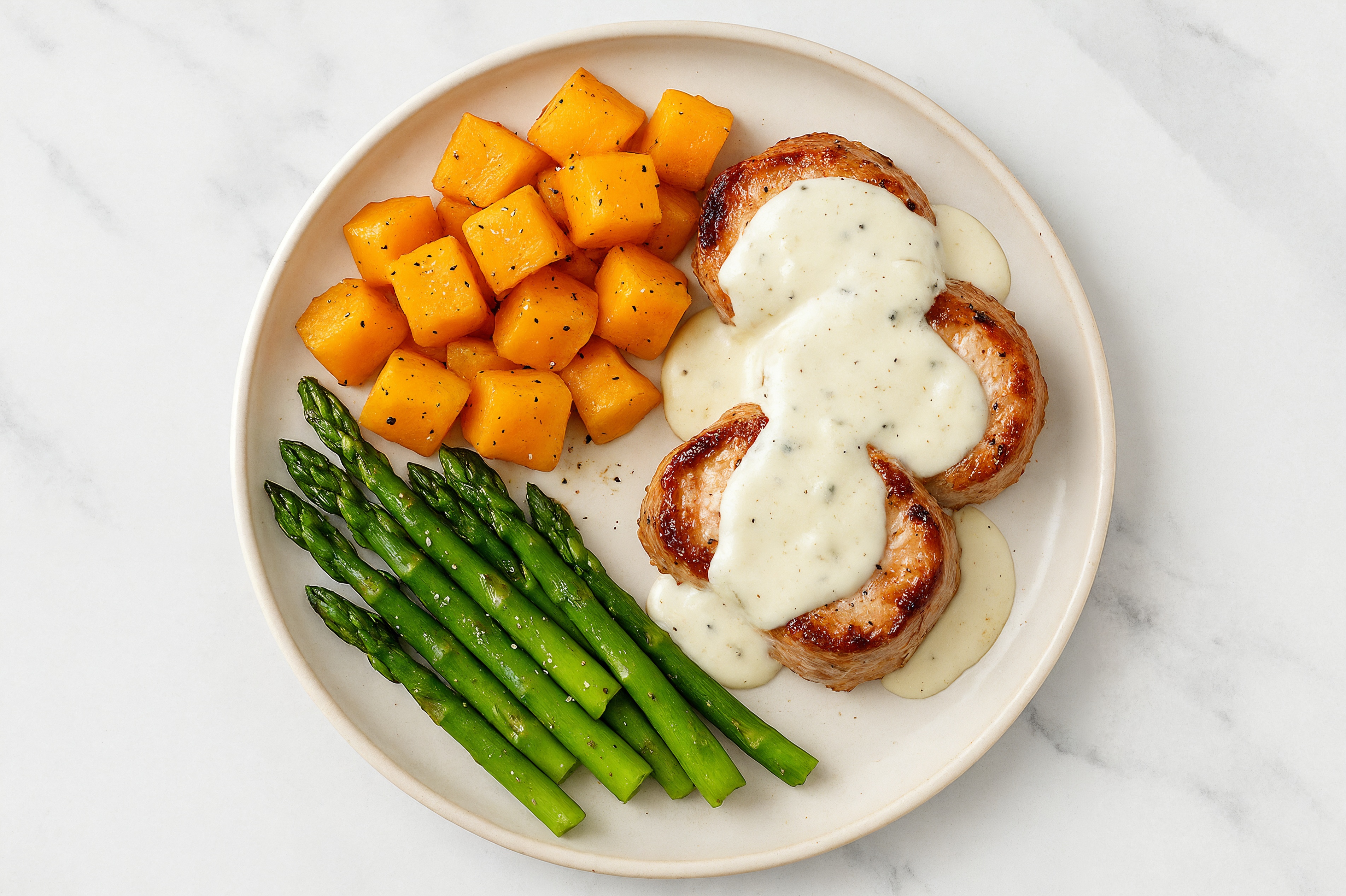 Creamy Parmesan Smothered Pork Tenderloin with Asparagus & Roasted Butternut Squash