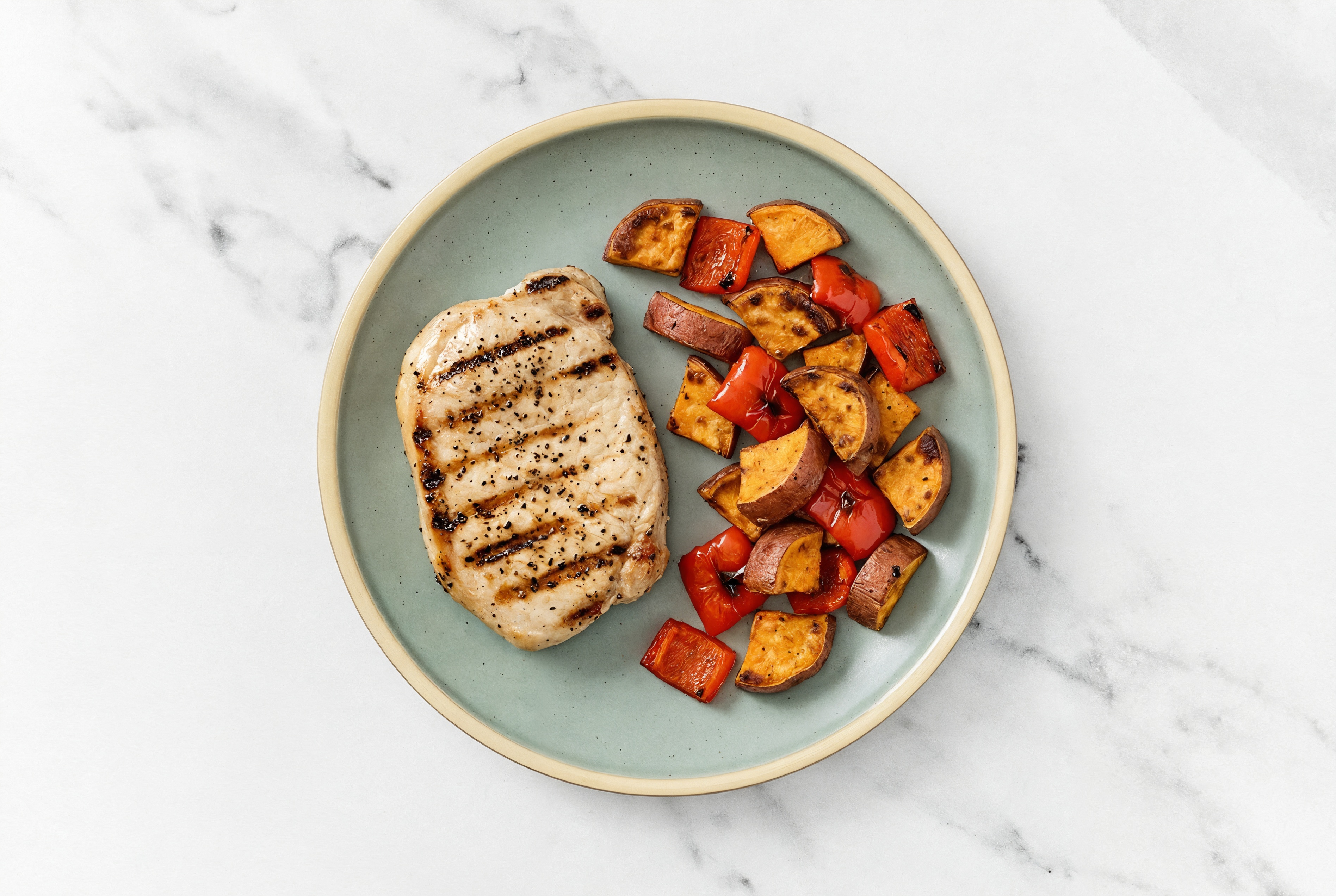 Grilled Pork Chops with Roasted Sweet Potatoes + Organic Red Pepper