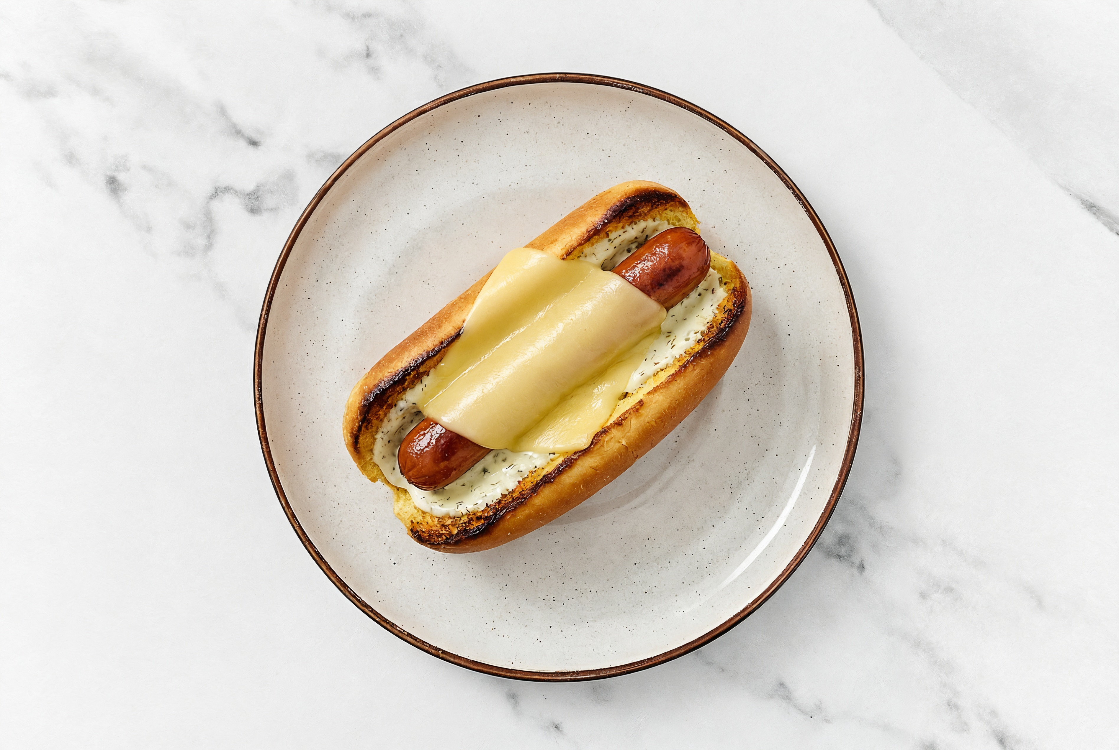 Vegan Cheddar Beef Hot Dog with Garlic Sauce on Brioche