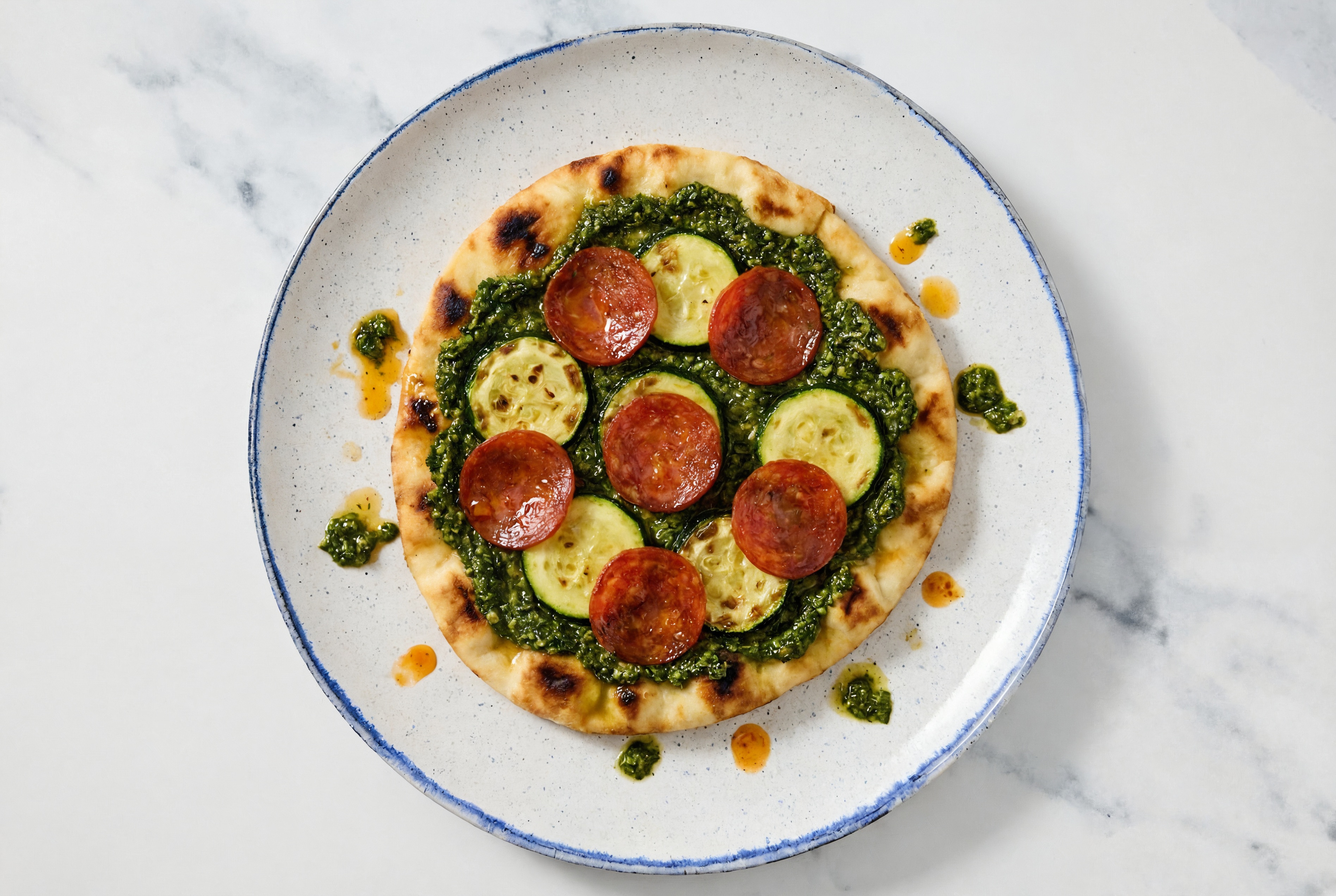 Herby Pepperoni Pesto Naan Flatbread with Zucchini