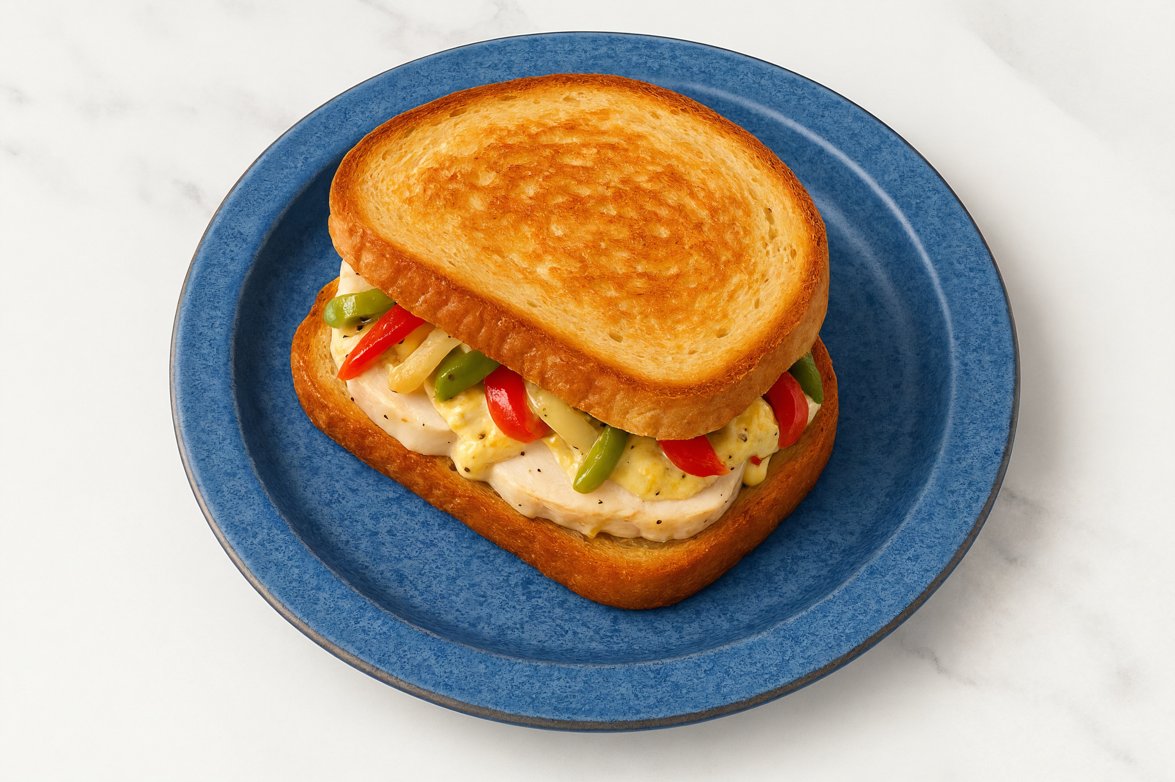 Street Corn Roasted Chicken Sandwich with Peppers + Onion on Honey White Bread