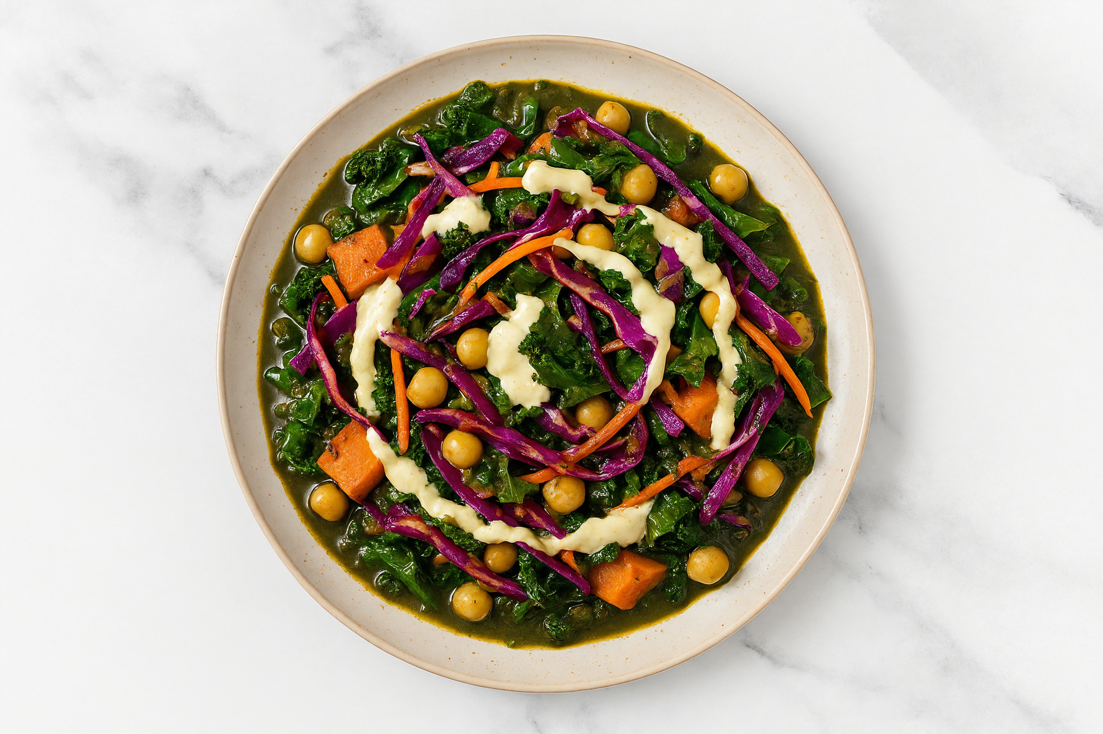 Sweet Potato Chickpea Saag + Garlic Rainbow Veggies
