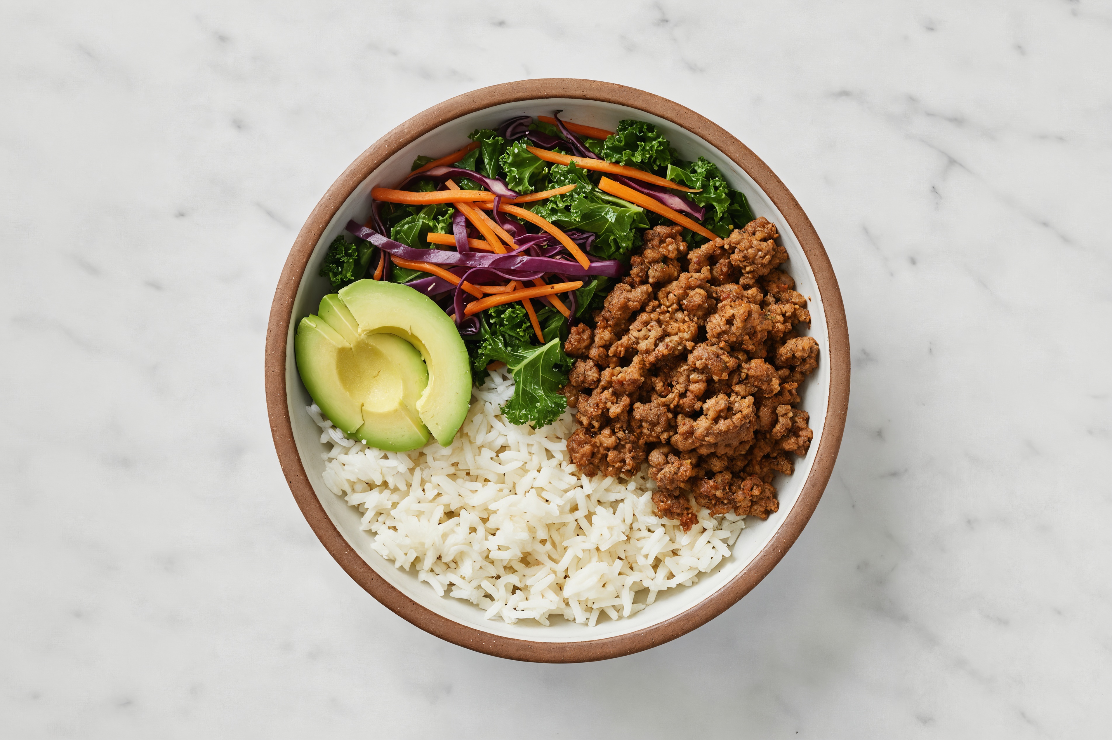 Ground Beef Taco Bowl, Fresh Avocado, Rice, Rainbow Veggies