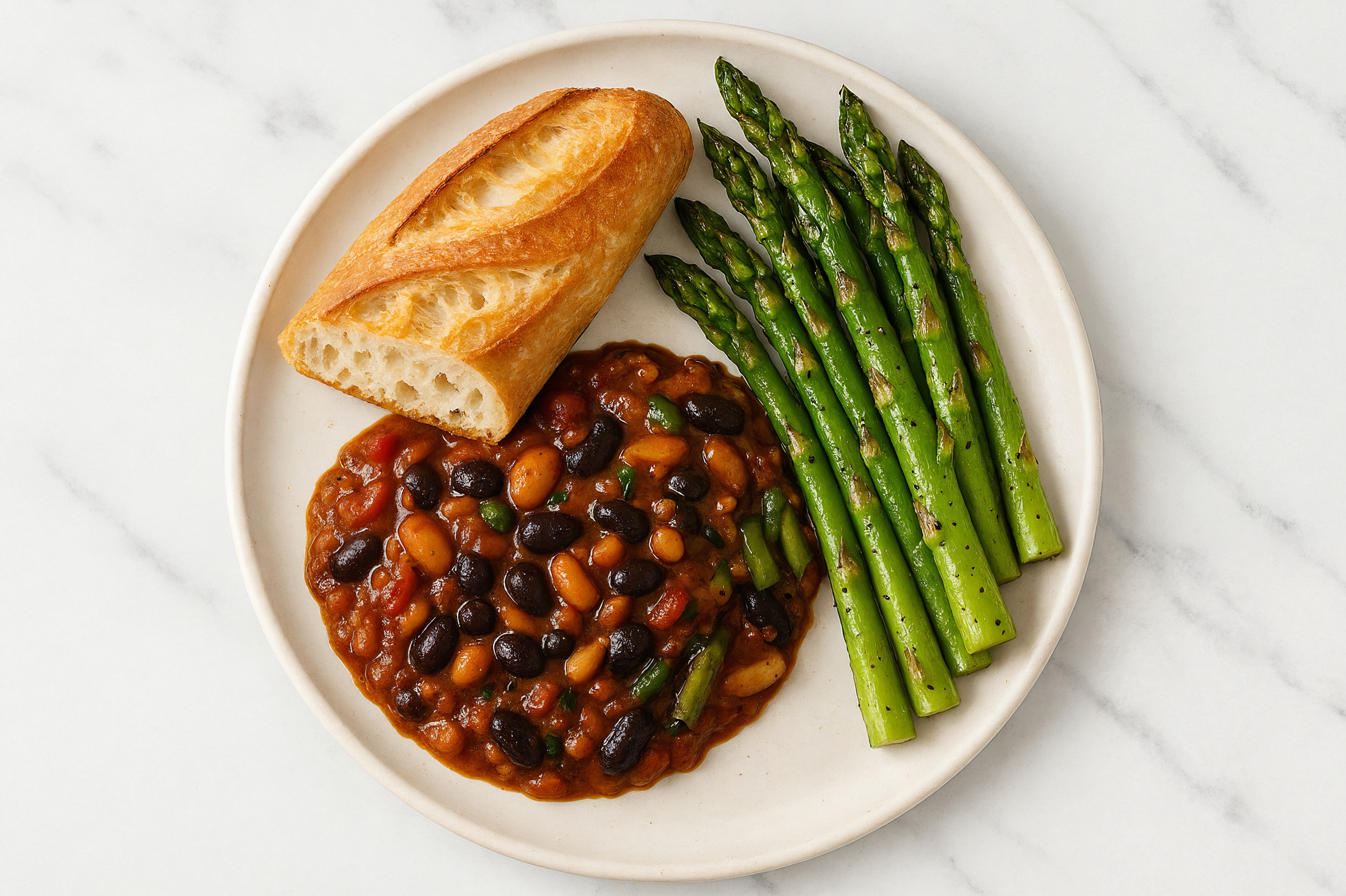 Homestyle Lentil Chili with Asparagus + Baguette