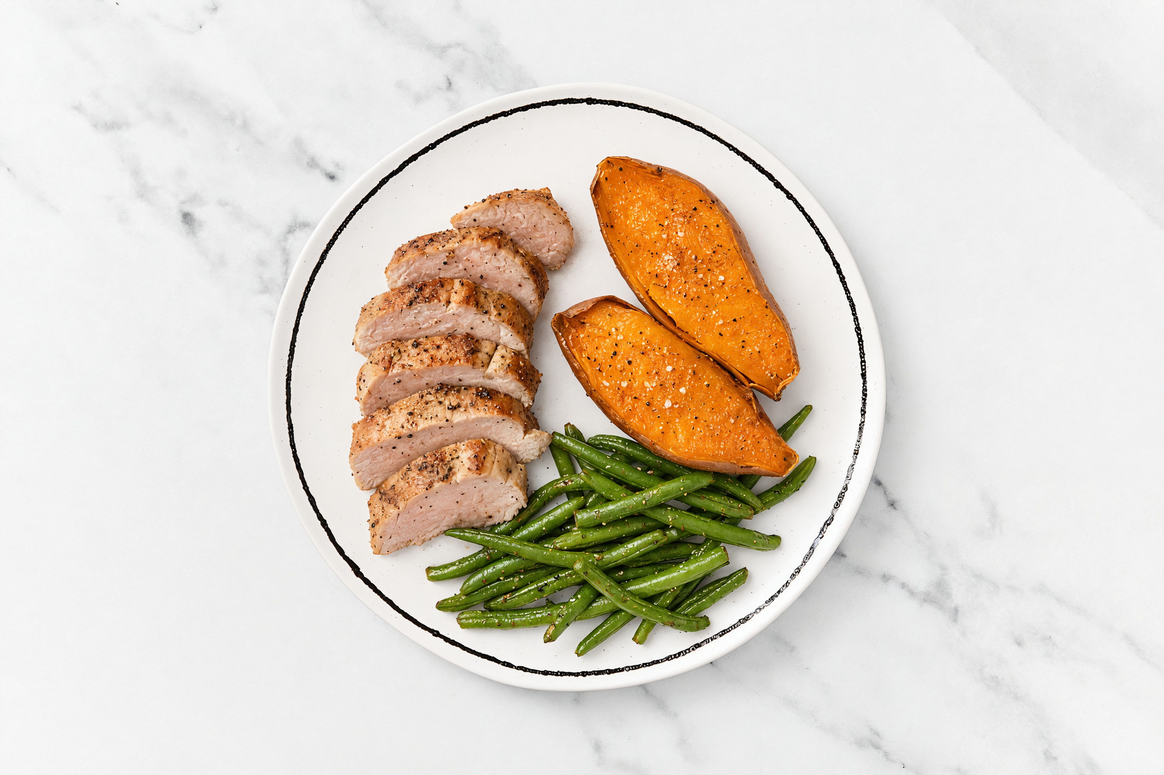 Roasted Pork Loin with Sweet Potato + Organic Green Beans