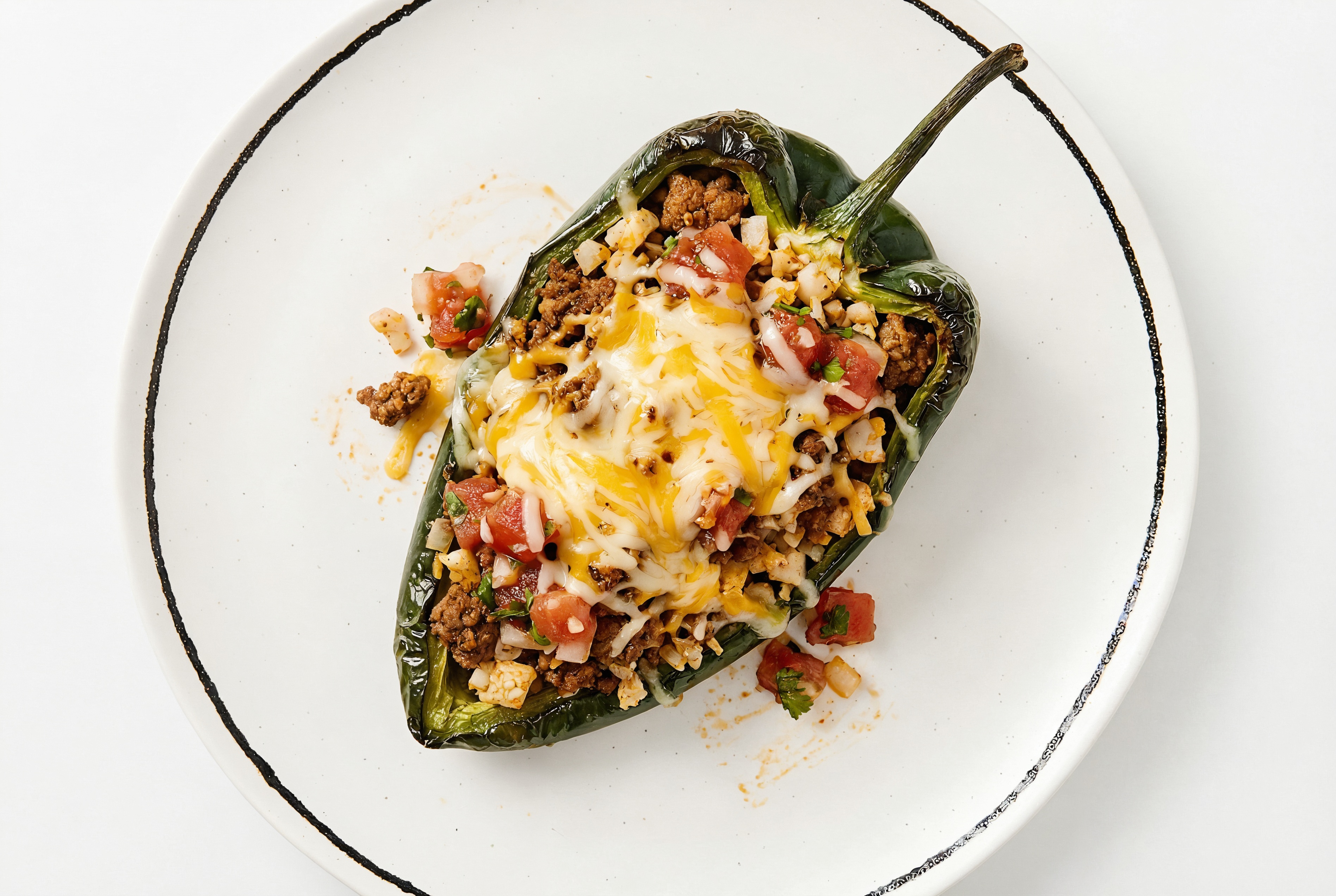 Cheezy Tavern Beef Burger + Cauliflower Stuffed Poblano Peppers