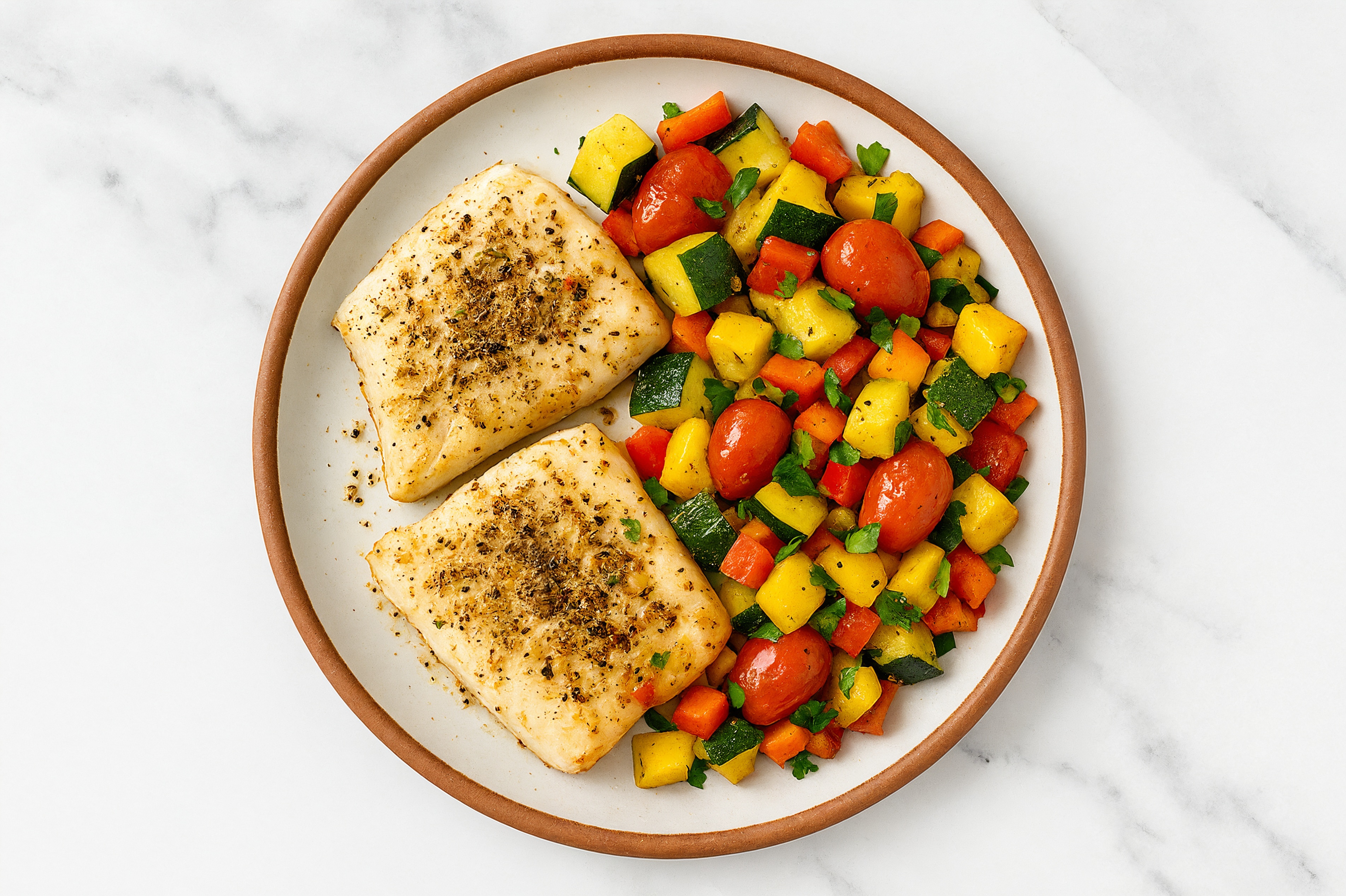 Balsamic Halibut + Squash Medley