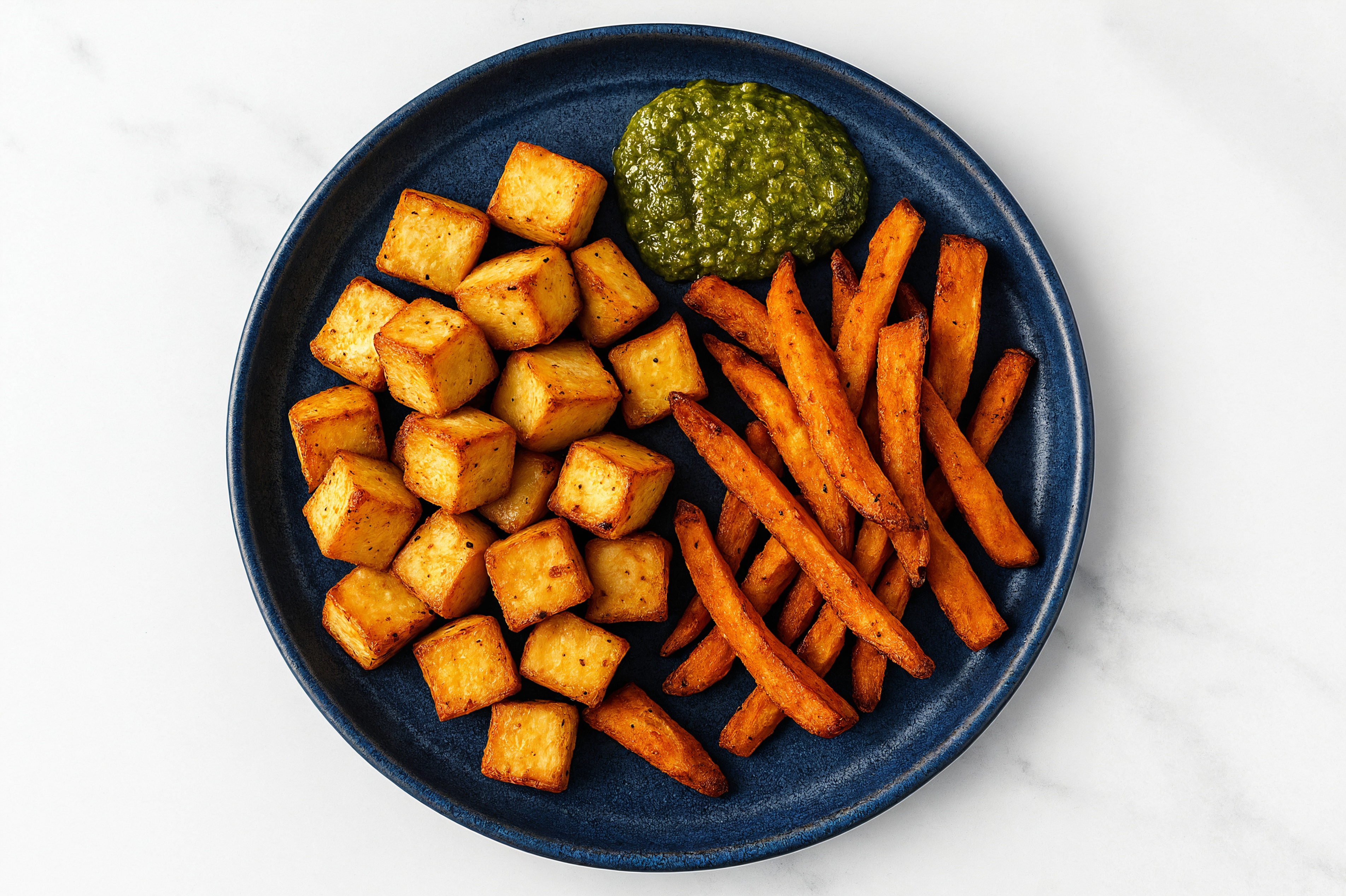 Pesto Tofu with Sweet Potato Fries