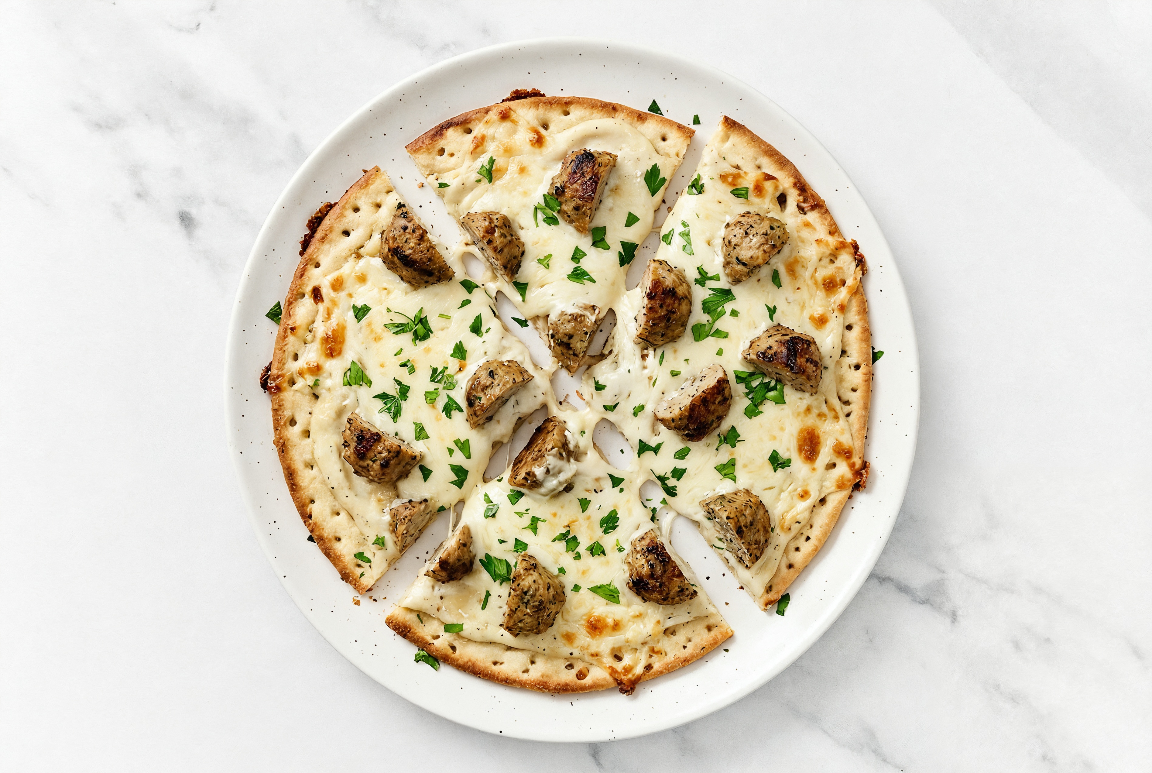 Creamy Turkey Meatball Pizza with "Mozzarella" + Fresh Parsley