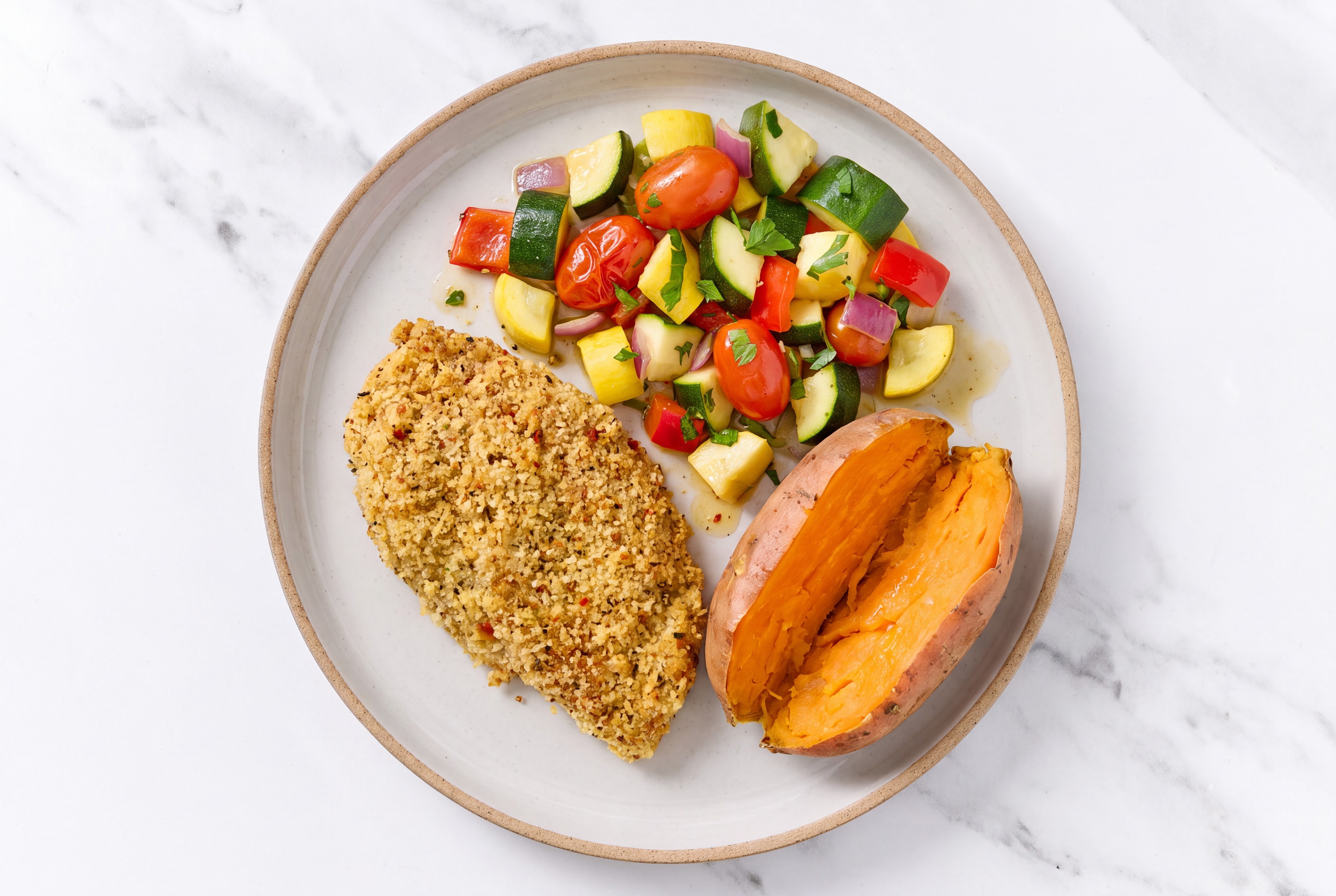 Parmesan Breaded Chicken Cutlet with Squash Skillet & Sweet Potato