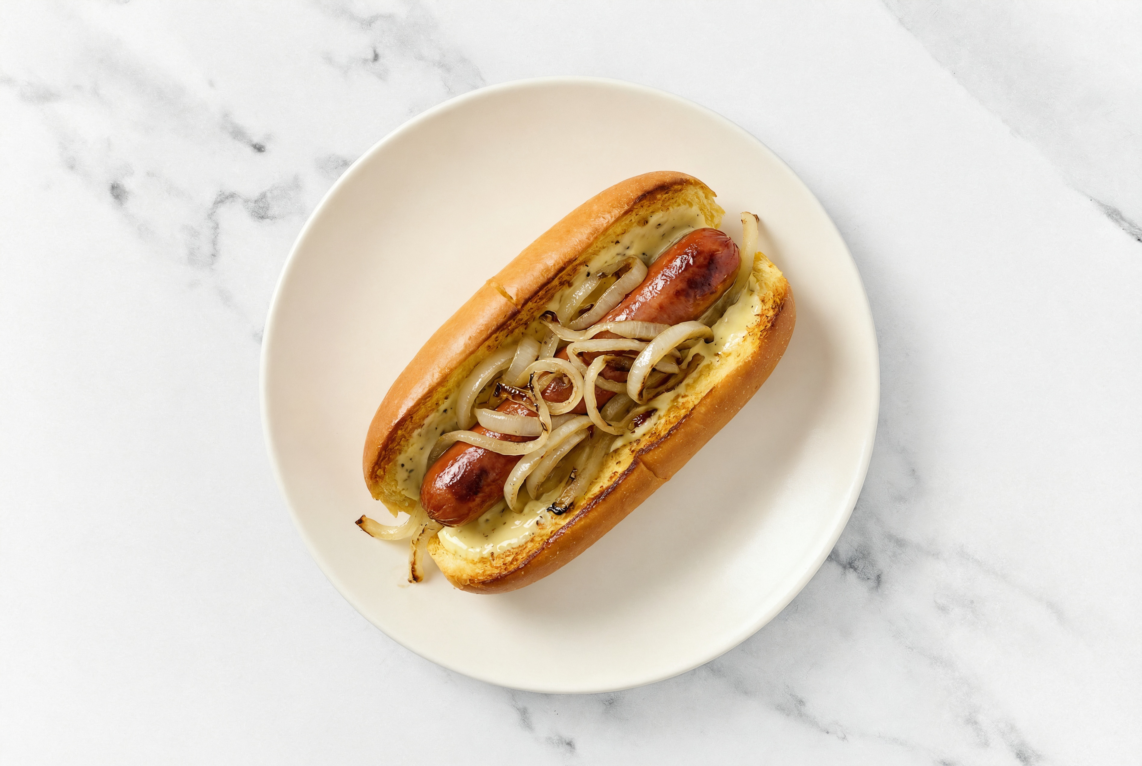 Carmelized Onion Beef Hot Dog with Honey Musard Garlic Sauce on Brioche