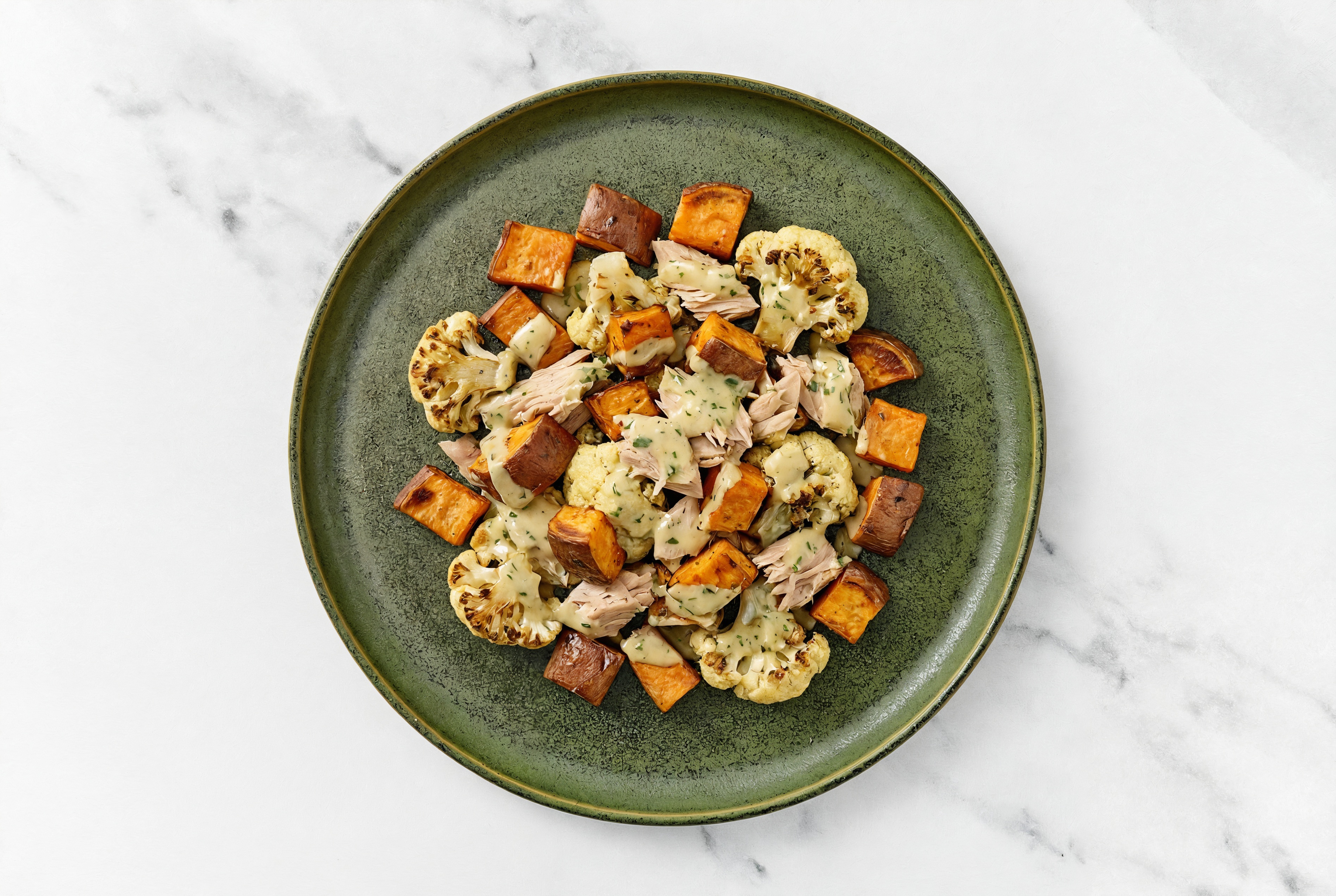 Sheet Pan Tahini-Tuna with Sweet Potatoes & Cauliflower