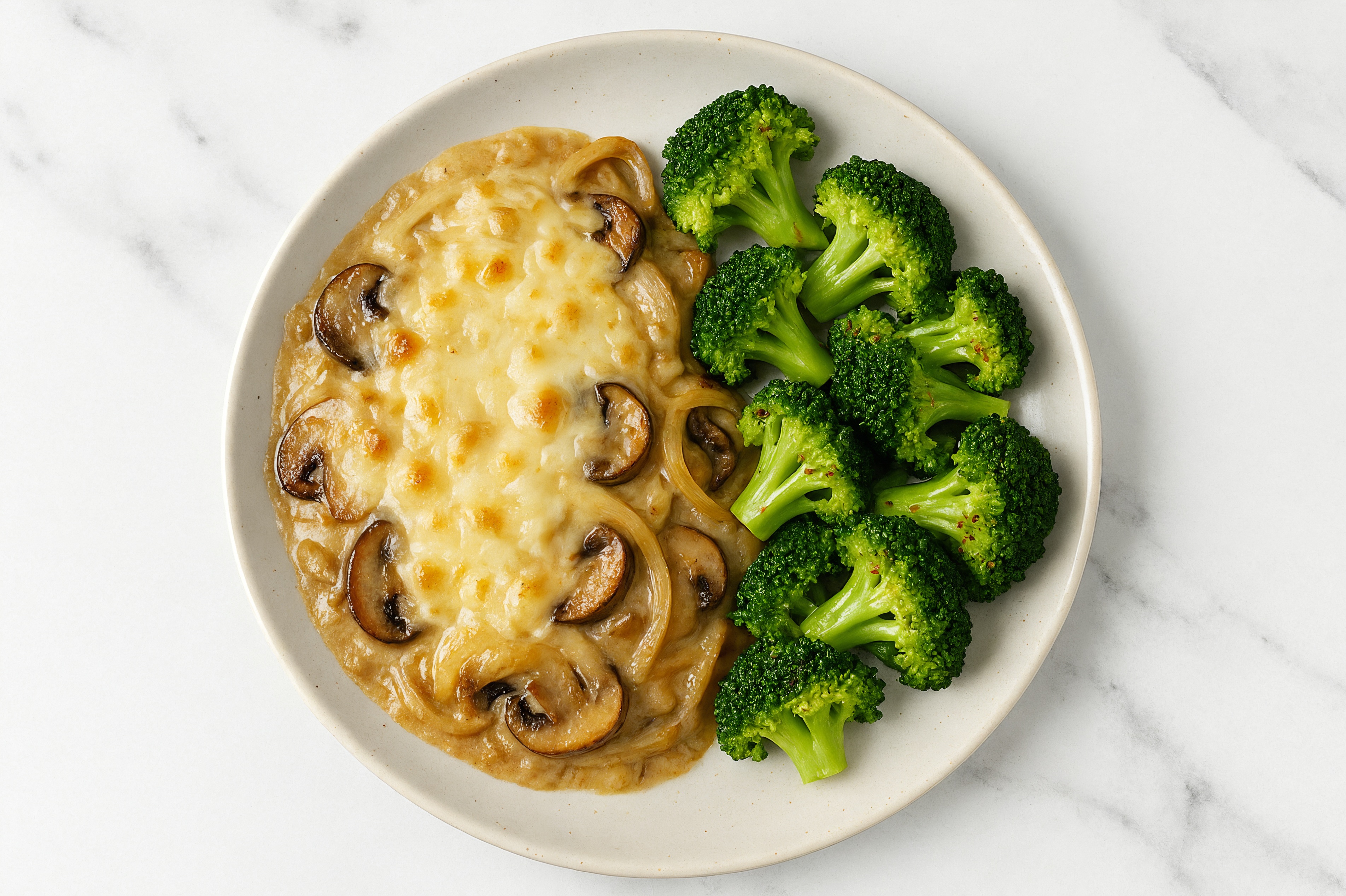 French Onion Organic Broccoli Mushroom Bake