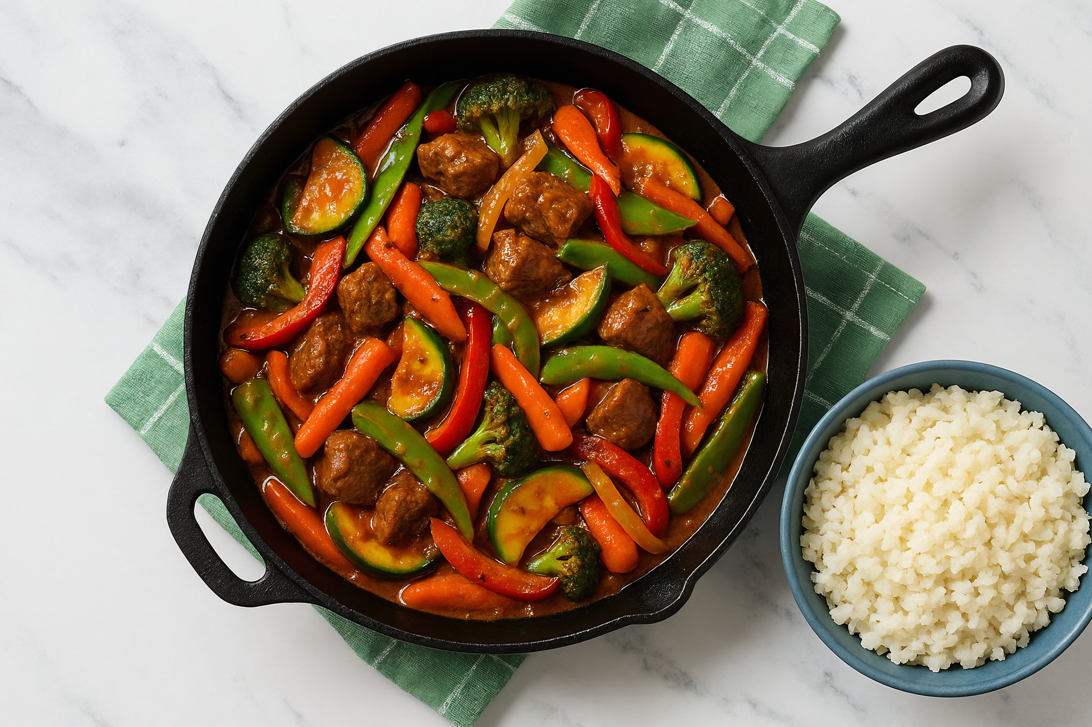 Spicy Vindaloo Beef Filet Stir-Fry with Mixed Veggies over Riced Cauliflower