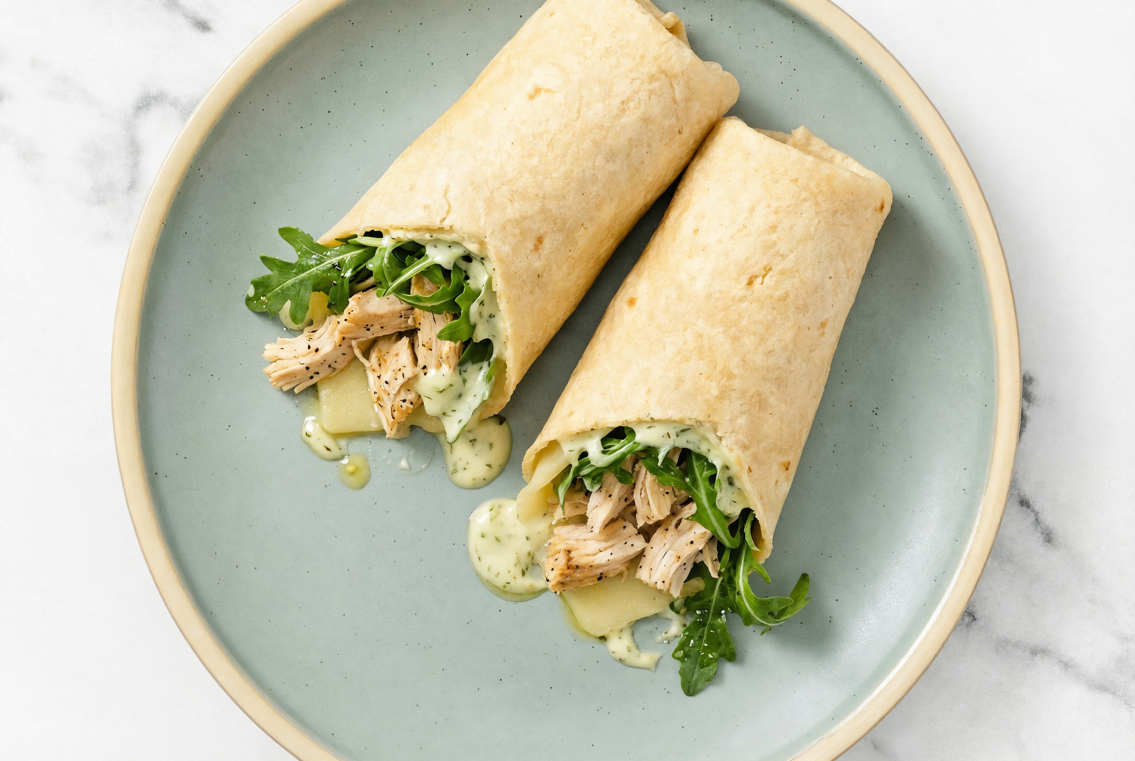 Jalapeño Pulled Chicken + Havarti Tortilla Wraps with Arugula