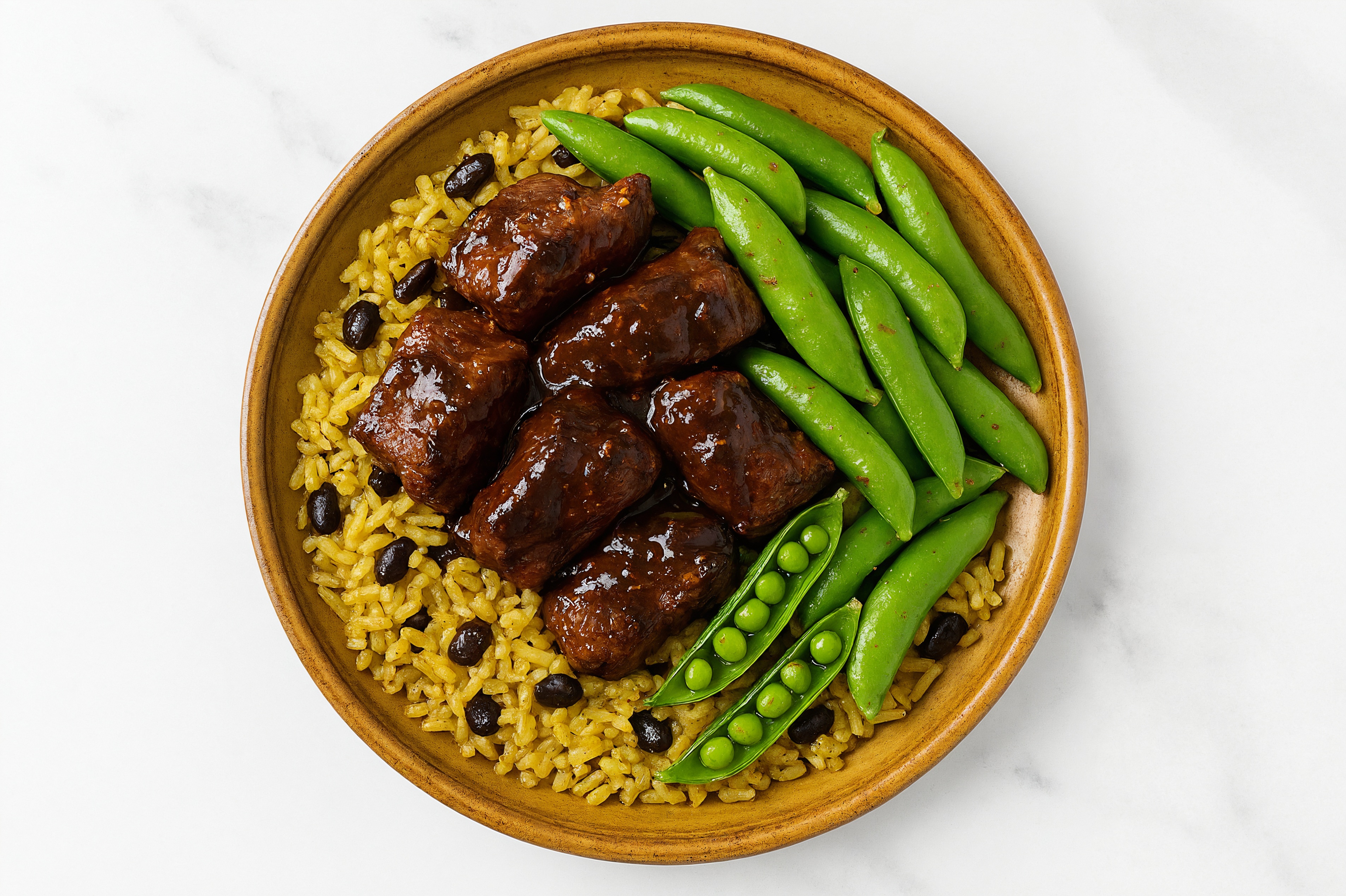 Tangy Pepper Seared Lamb + Seasoned Rice Bowl with Snap Peas