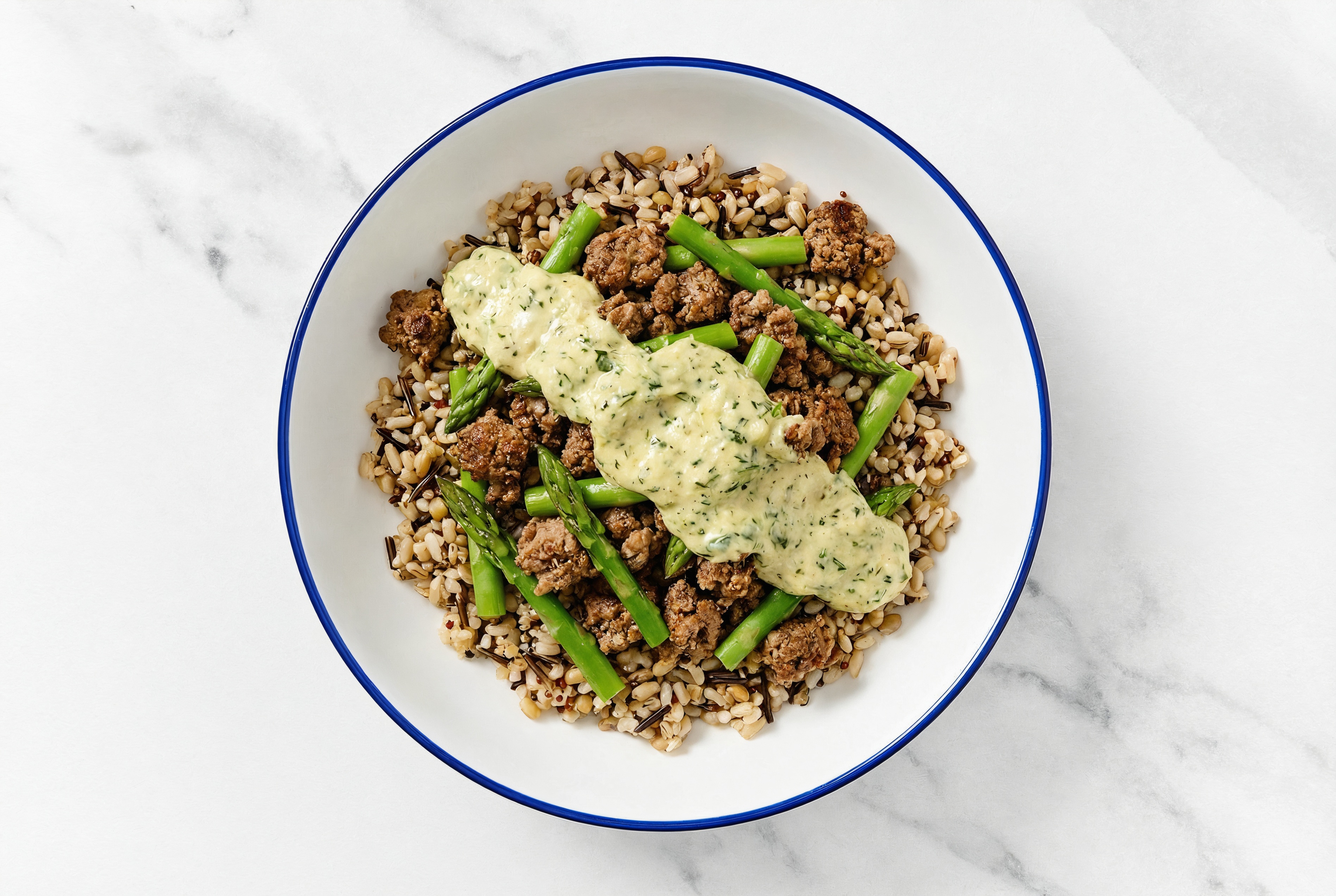Mexican-Style Ground Beef & Asparagus Grain Bowl with Spinach Artichoke