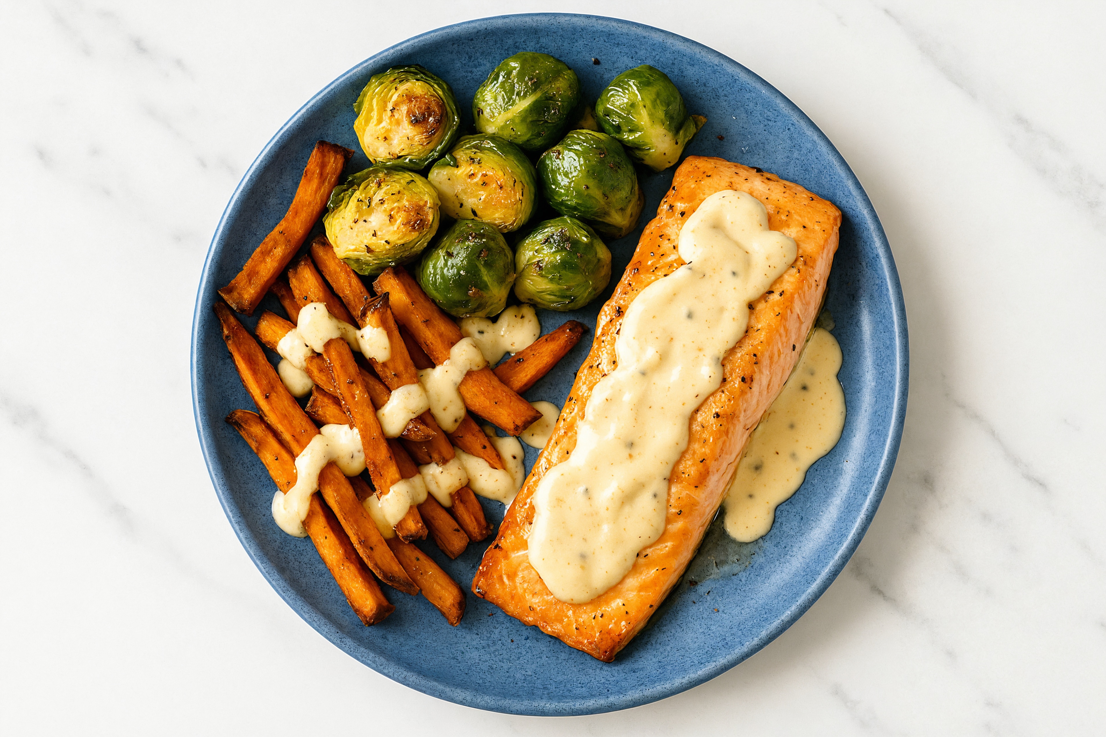 Salmon + Brussels with Creamy Horseradish