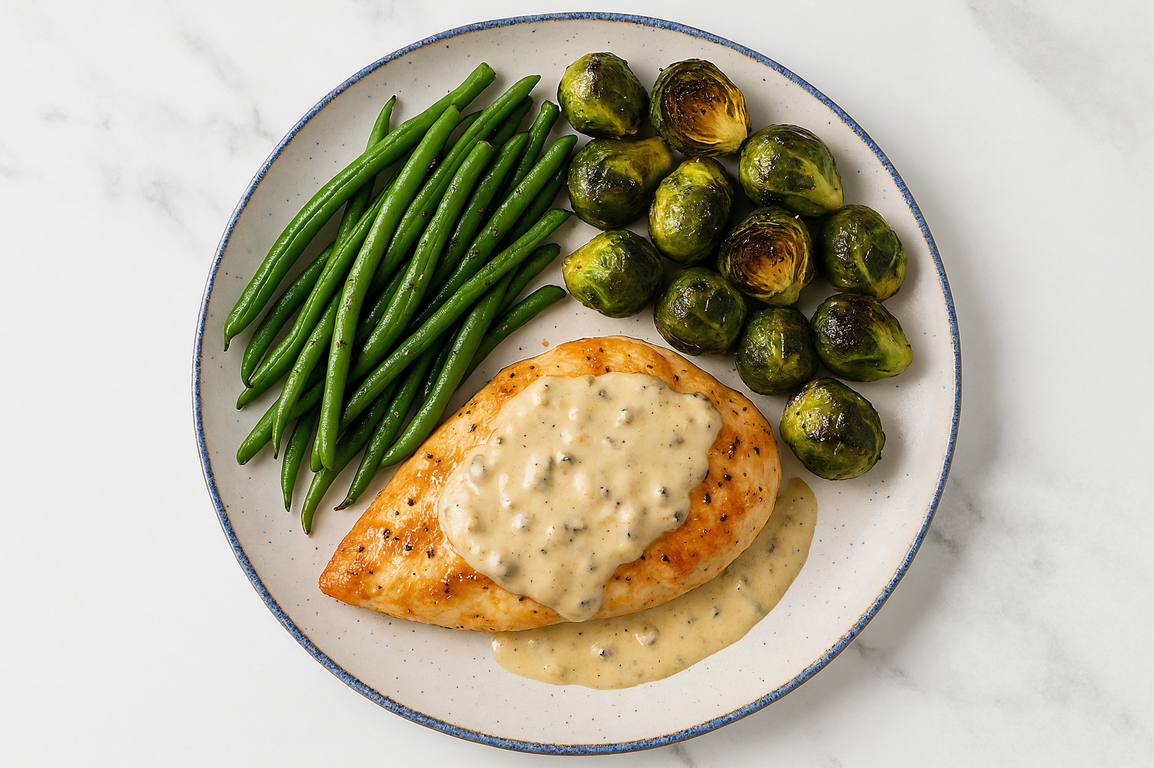 Creamy Truffle Smothered Chicken Breasts with Green Beans & Roasted Brussels