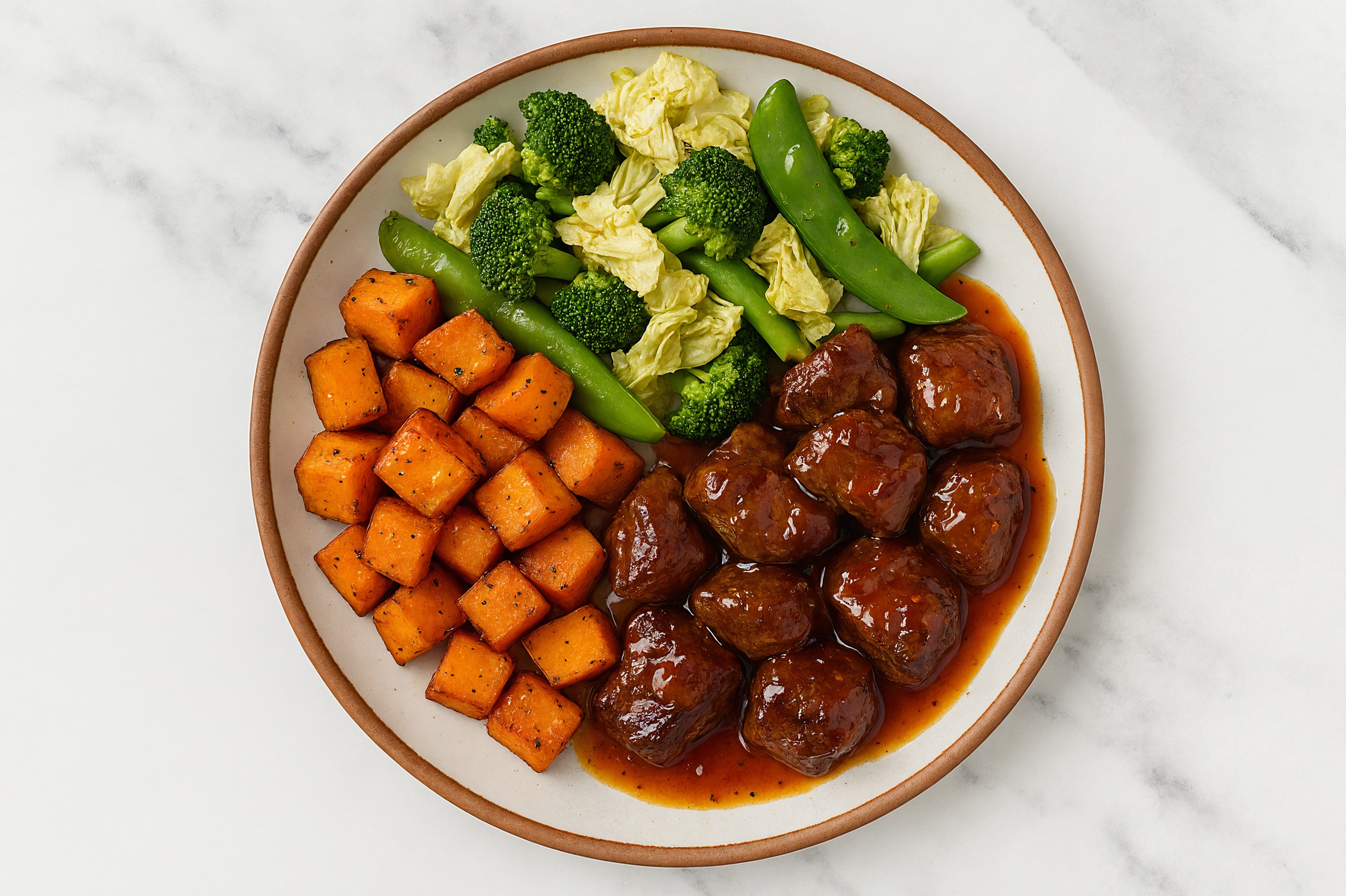 Sweet Potatoes + Bok Choy with Sweet Chili Lime Lamb Cubes