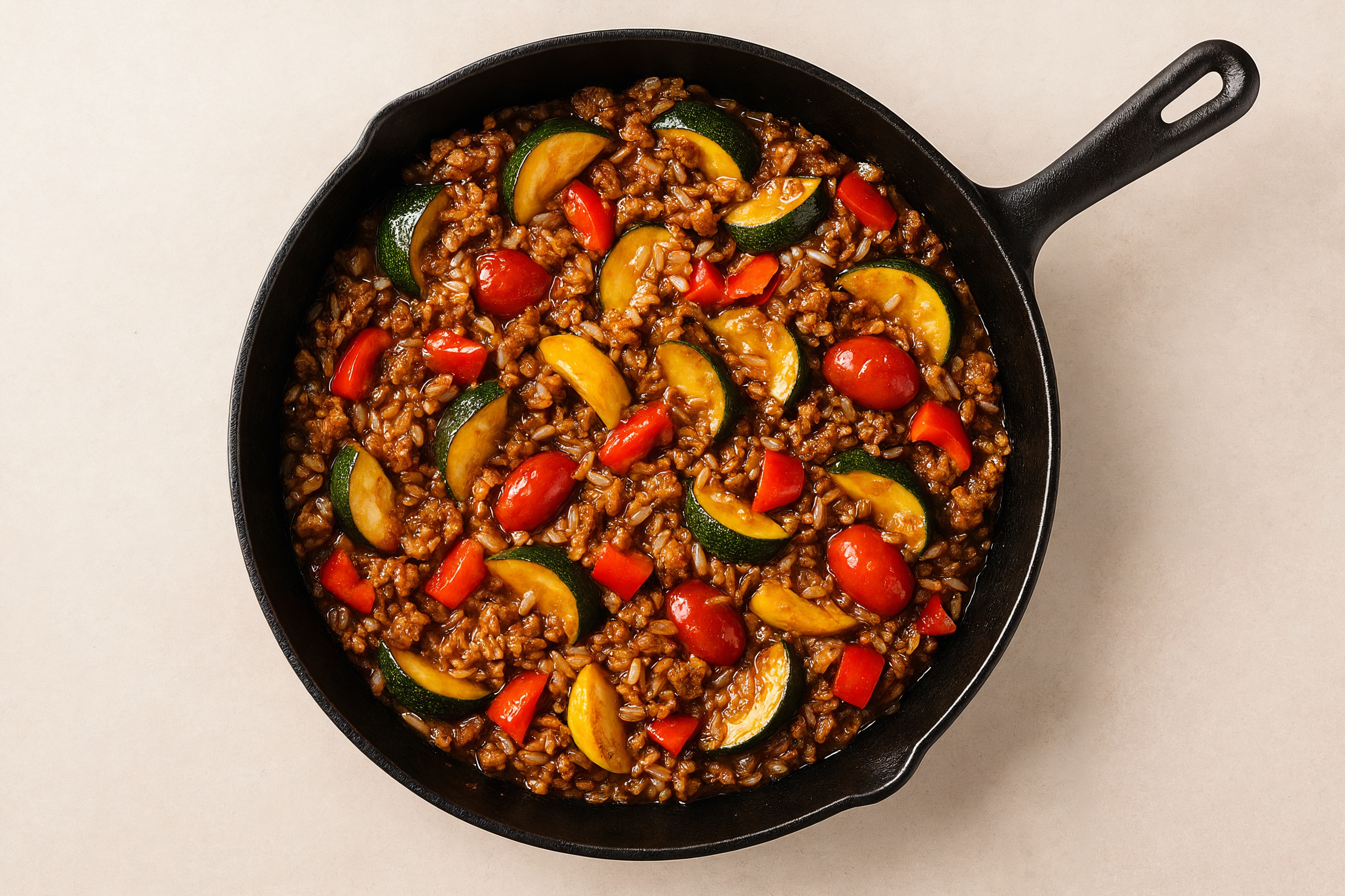 Teriyaki Squash + Ground Turkey Stir-Fry with Long Grain White Rice