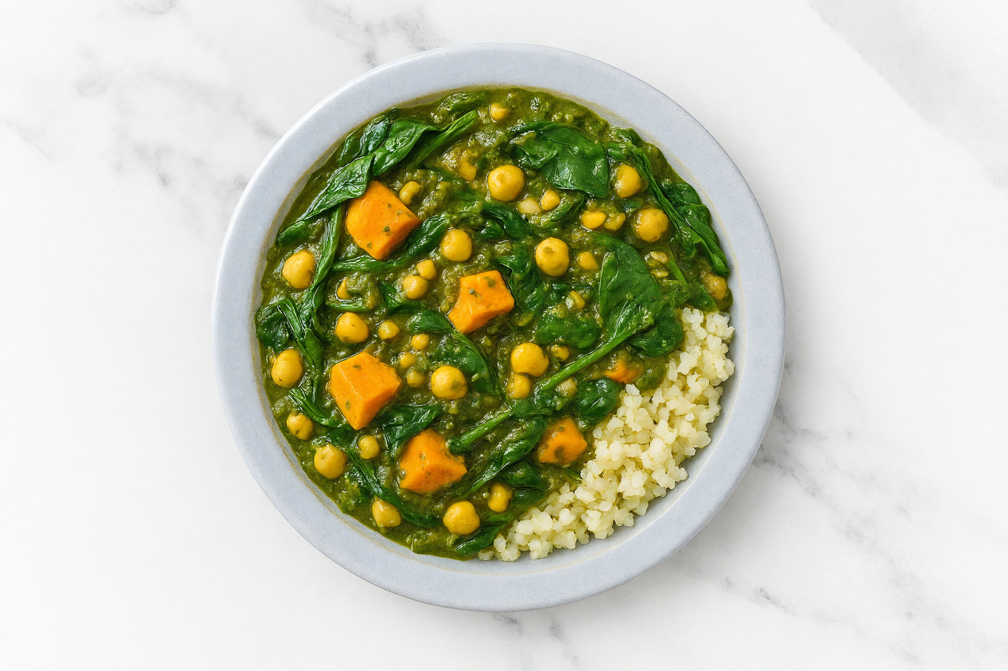 Japanese Sweet Potato Chickpea Saag with Spinach + Cauliflower Rice