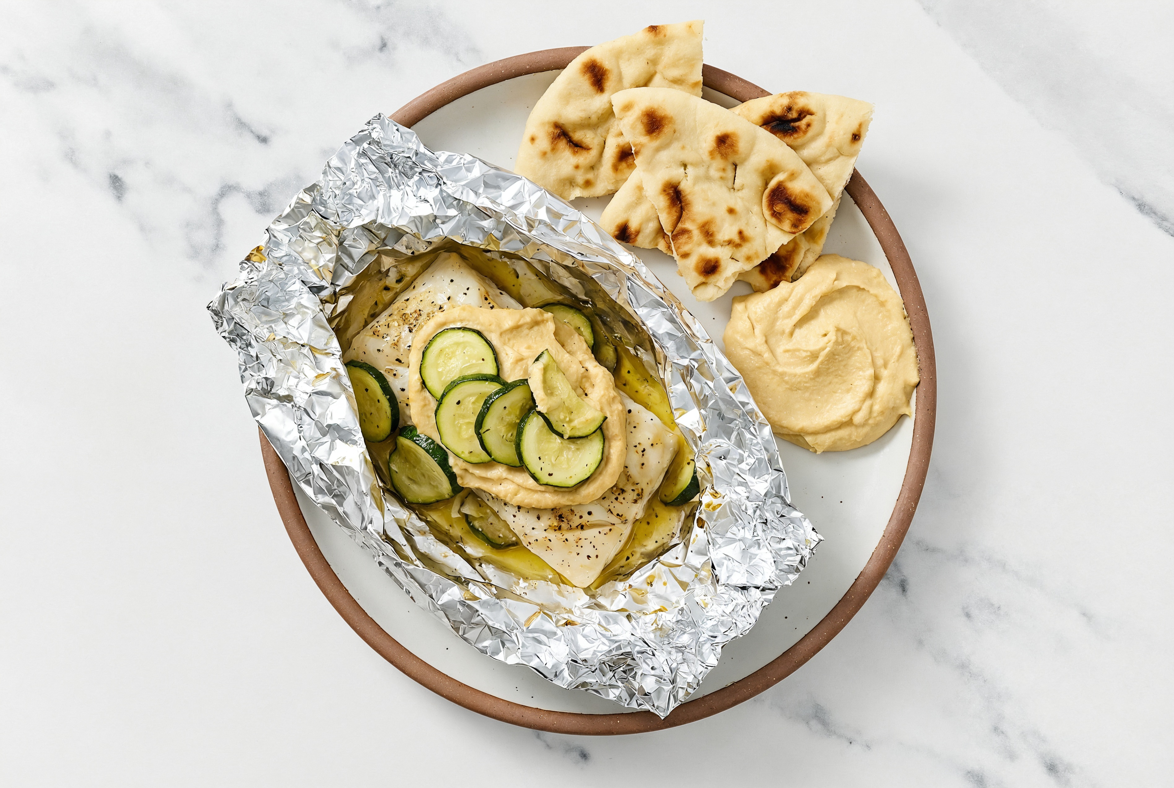 Roast + Ready Halibut + Veggies with Toasted Naan with Olive Oil Sea Salt Hummus