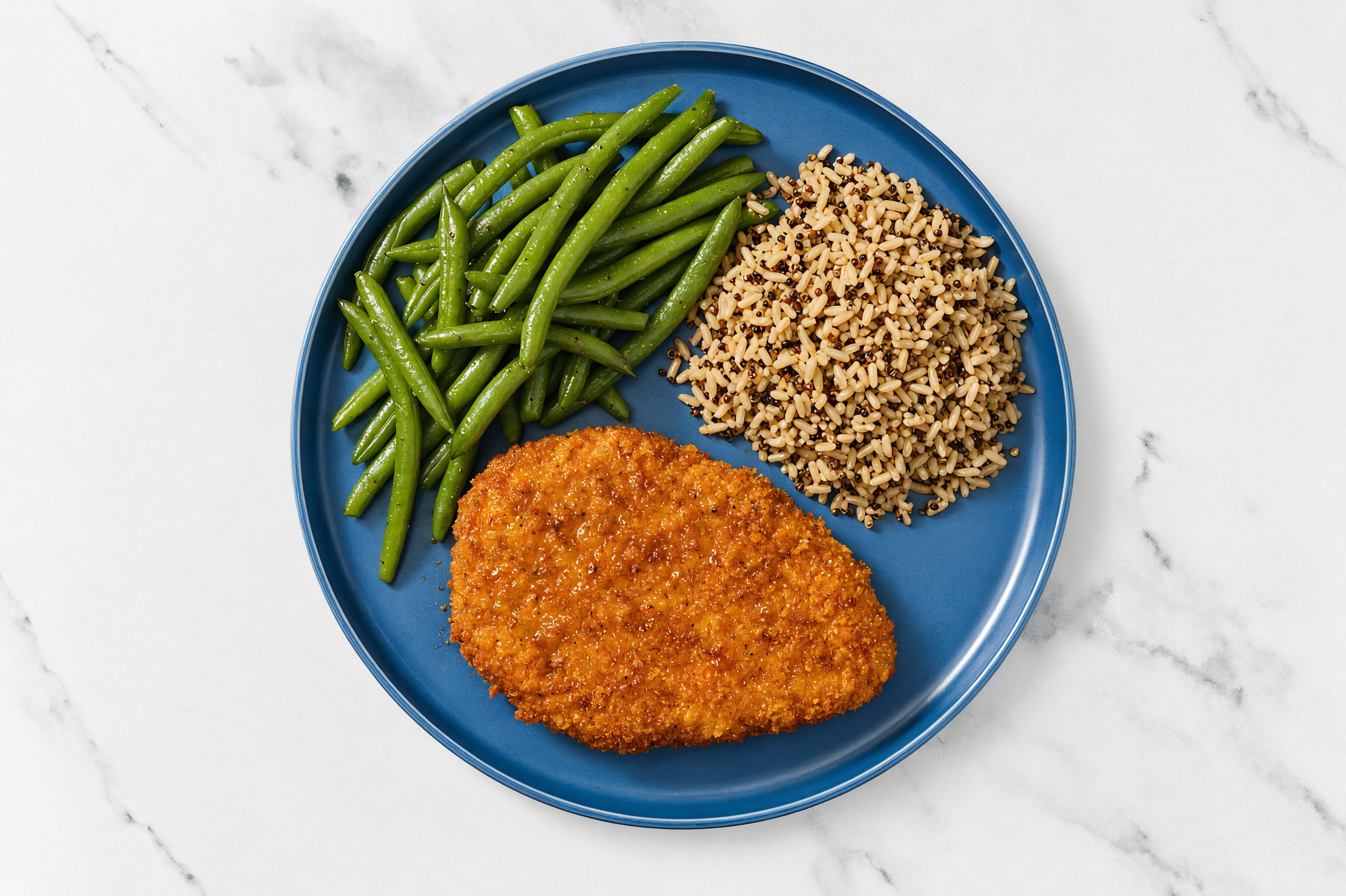 Hot Honey Breaded Chicken Cutlet with Green Beans & Brown Rice