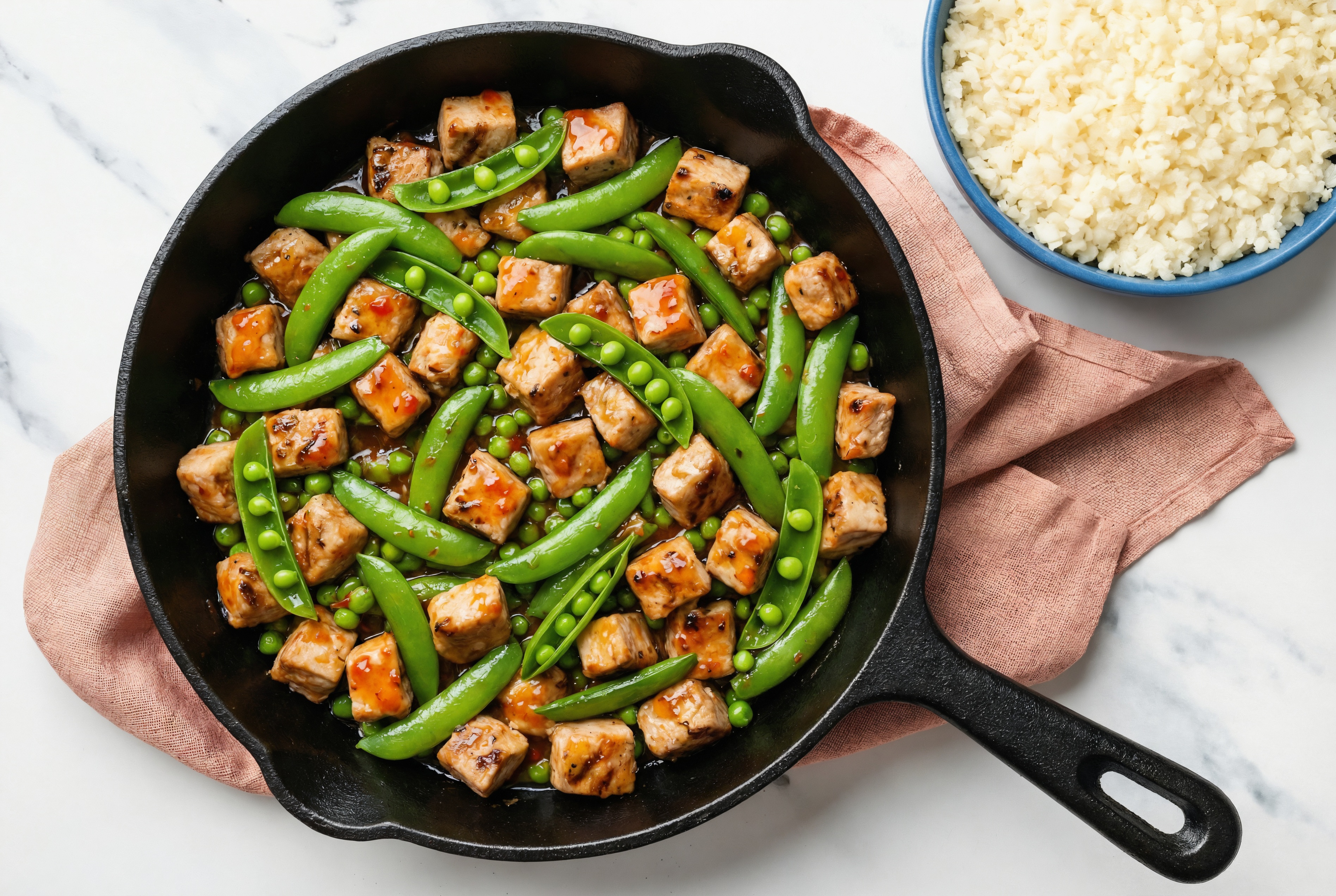 Sweet Chili Grilled Pork Tenderloin Stir-Fry with Snap Peas over Riced Cauliflower
