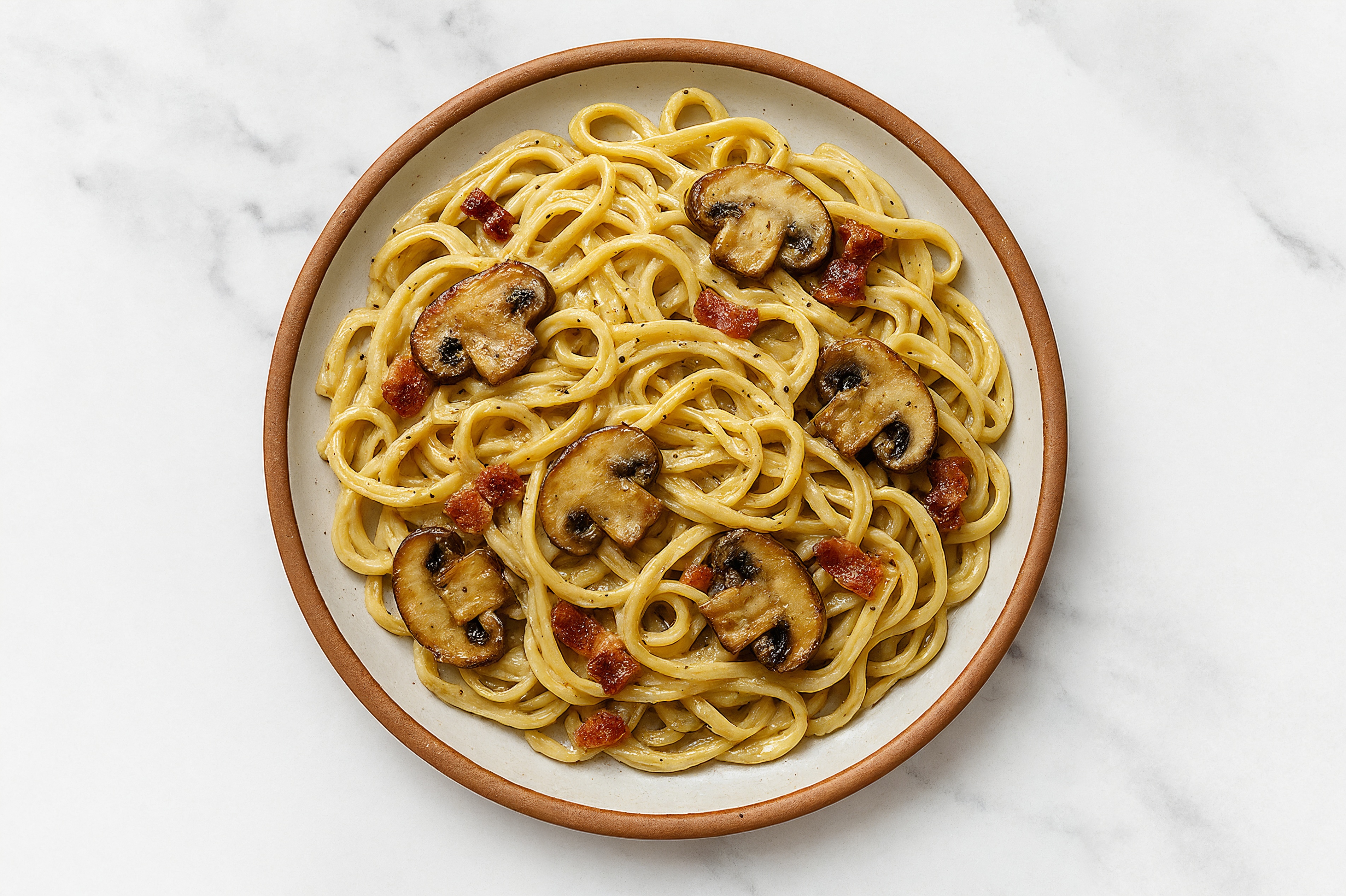 Creamy Herb White Sauce Applewood Smoked Pork Bacon + Mushroom Linguine