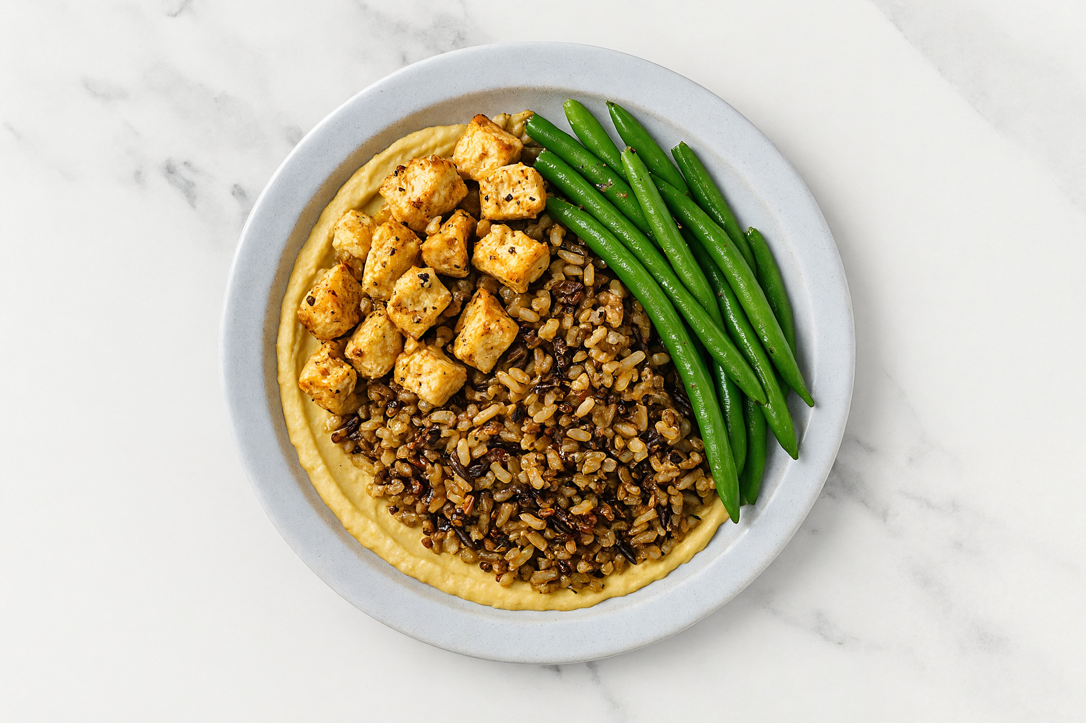Tofu Bite & Green Bean Grain Bowl with Onion Hummus