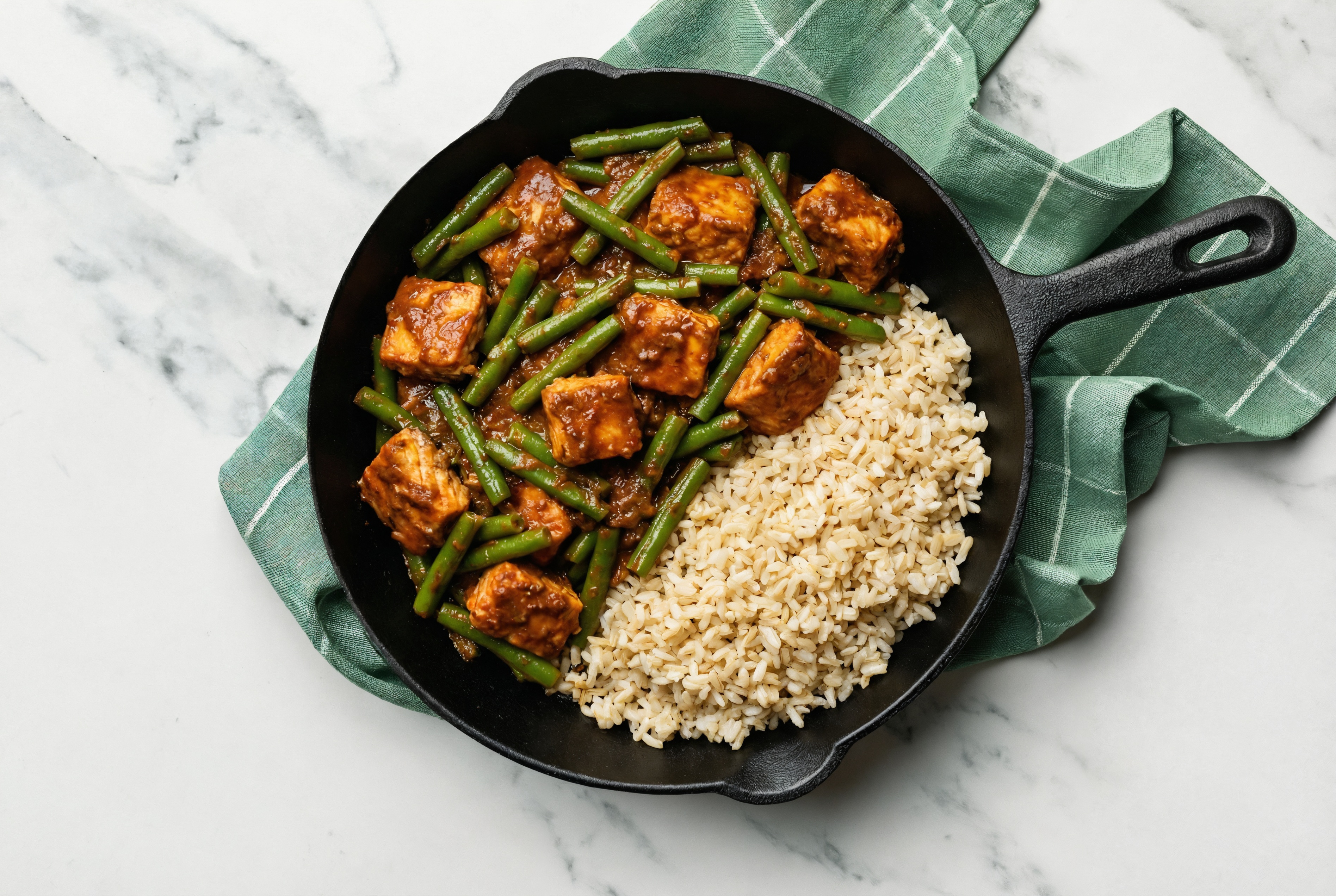 Spicy Vindaloo Sockeye Salmon Stir-Fry with Green Beans over Brown Rice