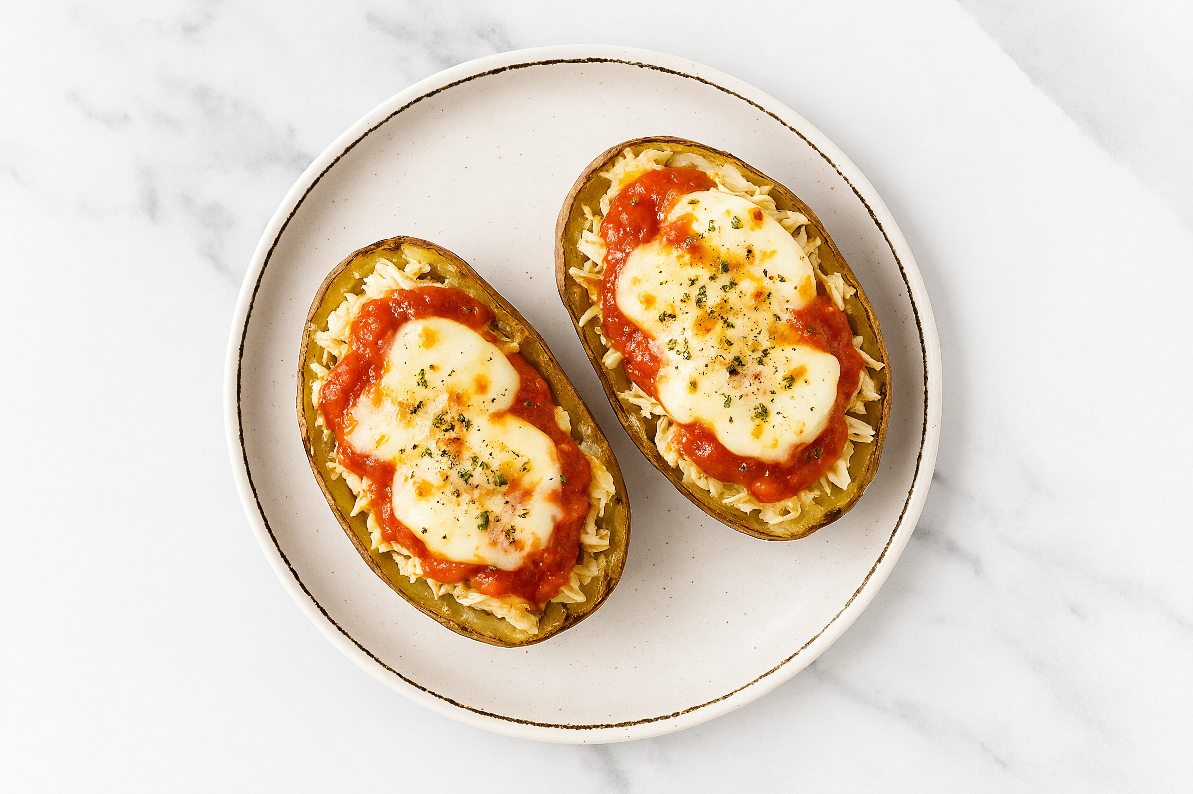 Chicken Parm Potato Boats with Mozzarella Ball