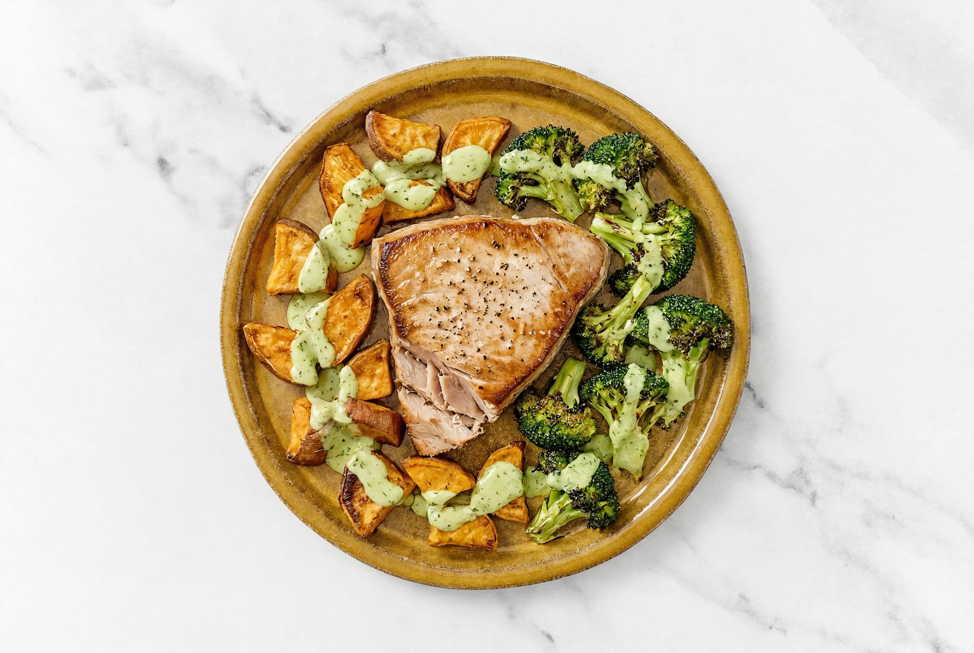 Sheet Pan Green Goddess-Tuna with Sweet Potatoes & Broccoli