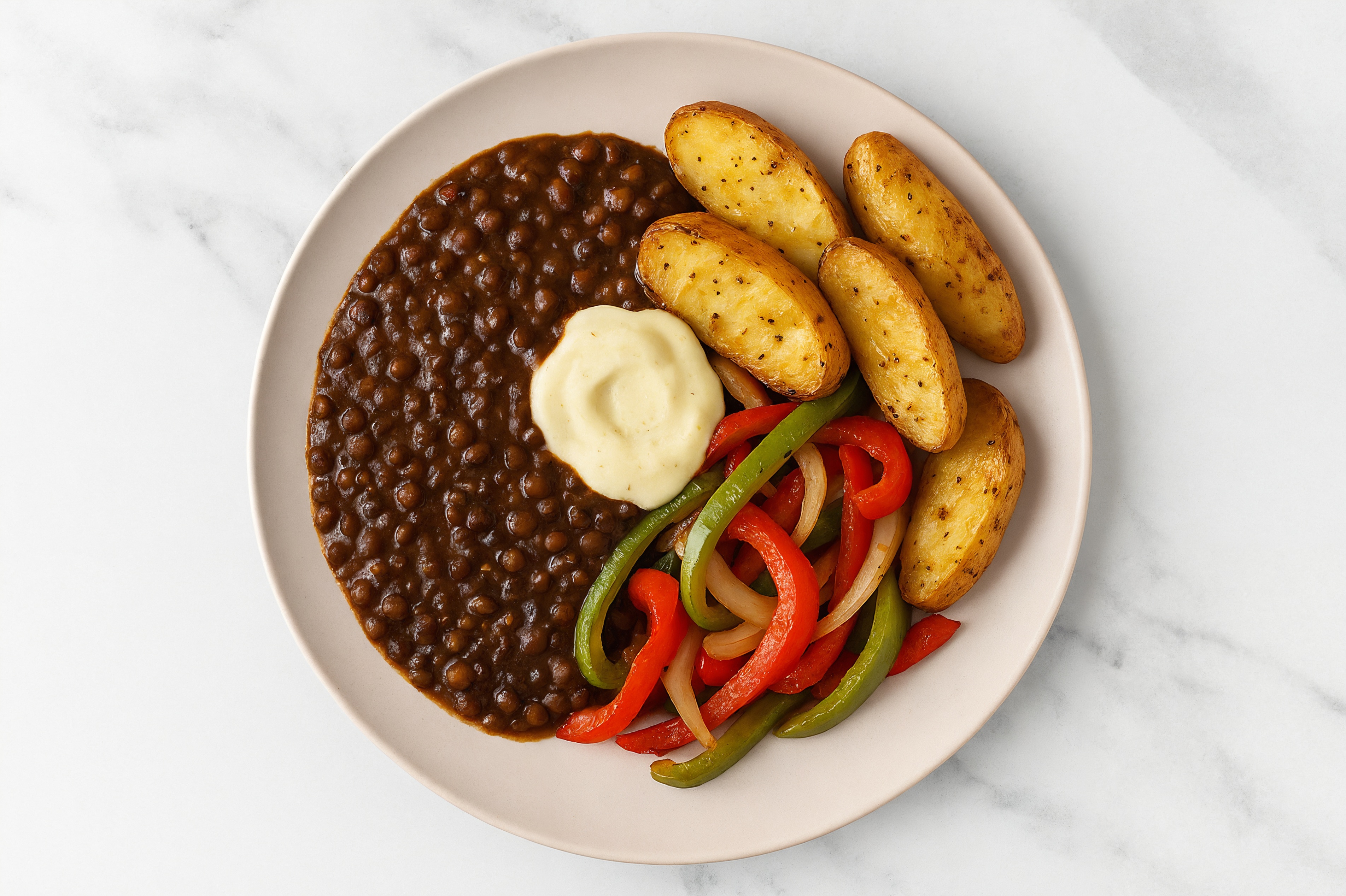 Roasted Fingerling Potato + Black Lentil Plate with Garlic Sauce