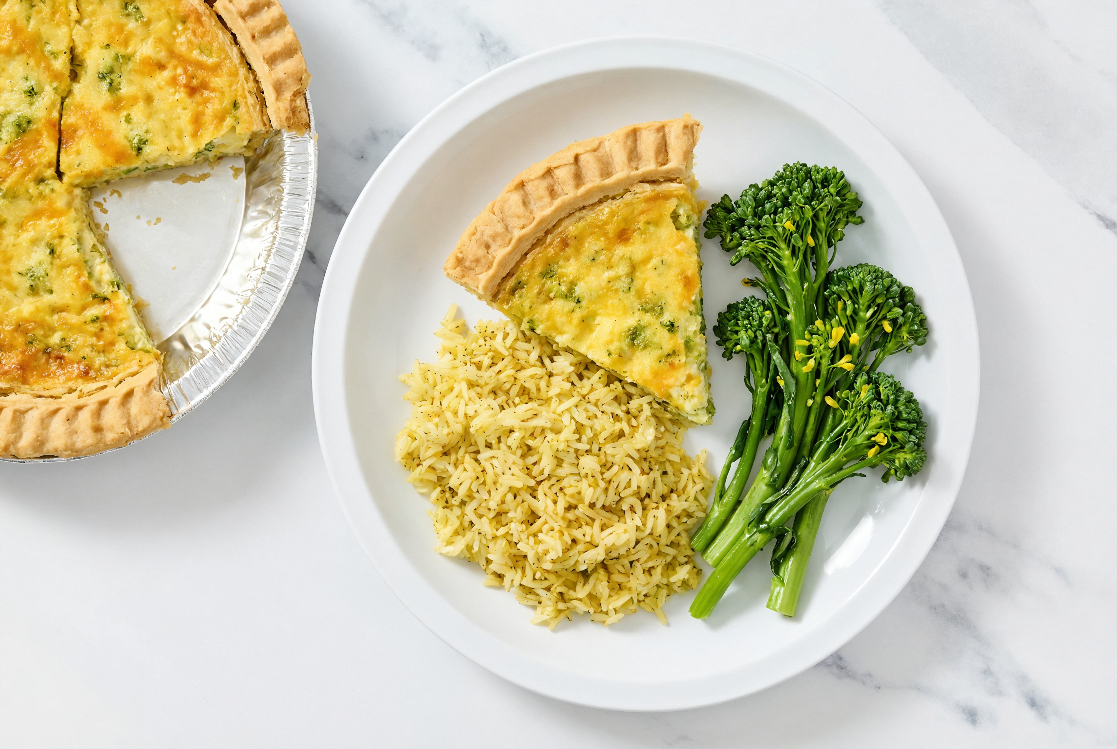 Broccoli & Cheddar Quiche with Baby Broccoli & Jasmine Rice
