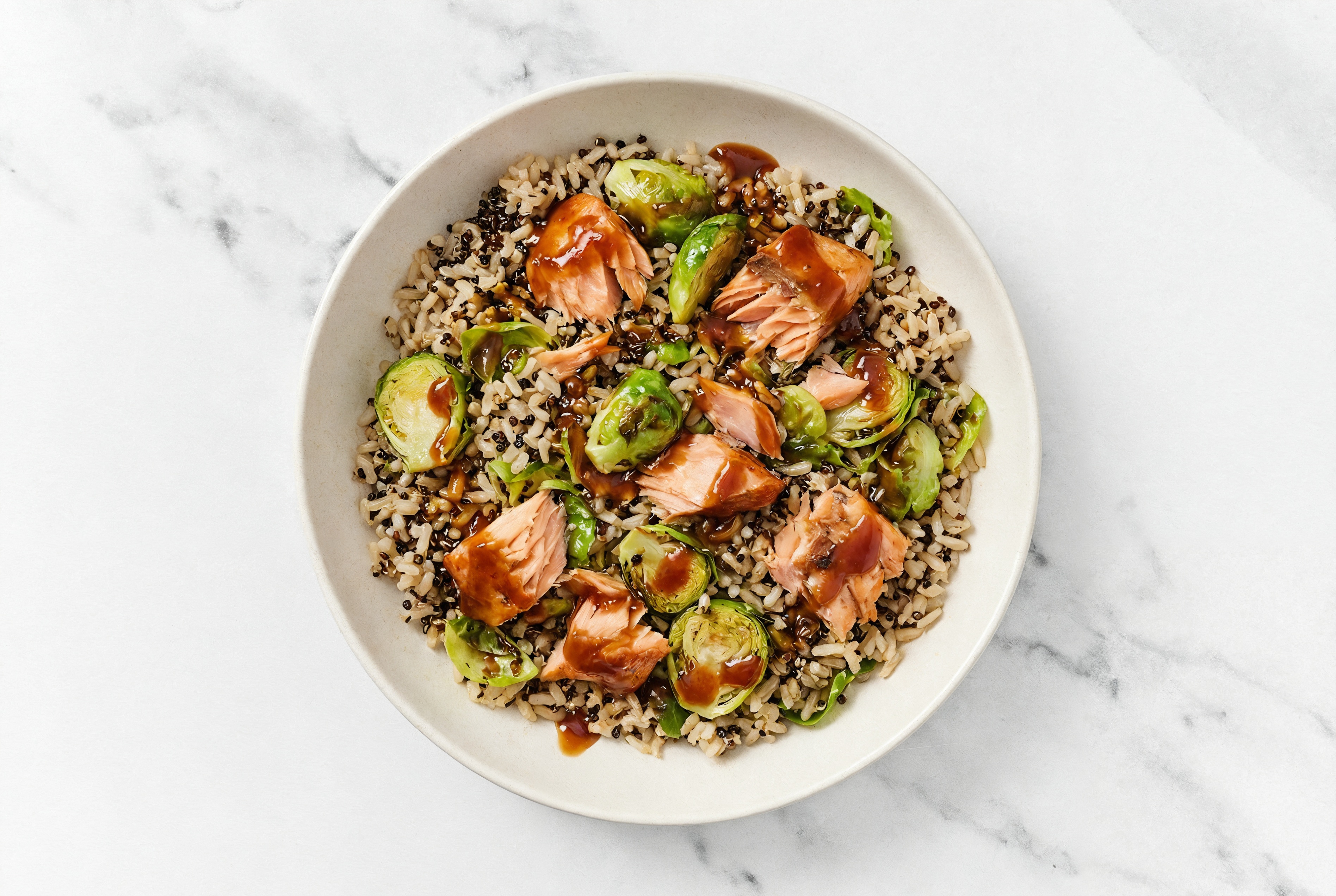 Gingery Smoked Salmon + Brussels Brown Rice Quinoa Blend Bowl