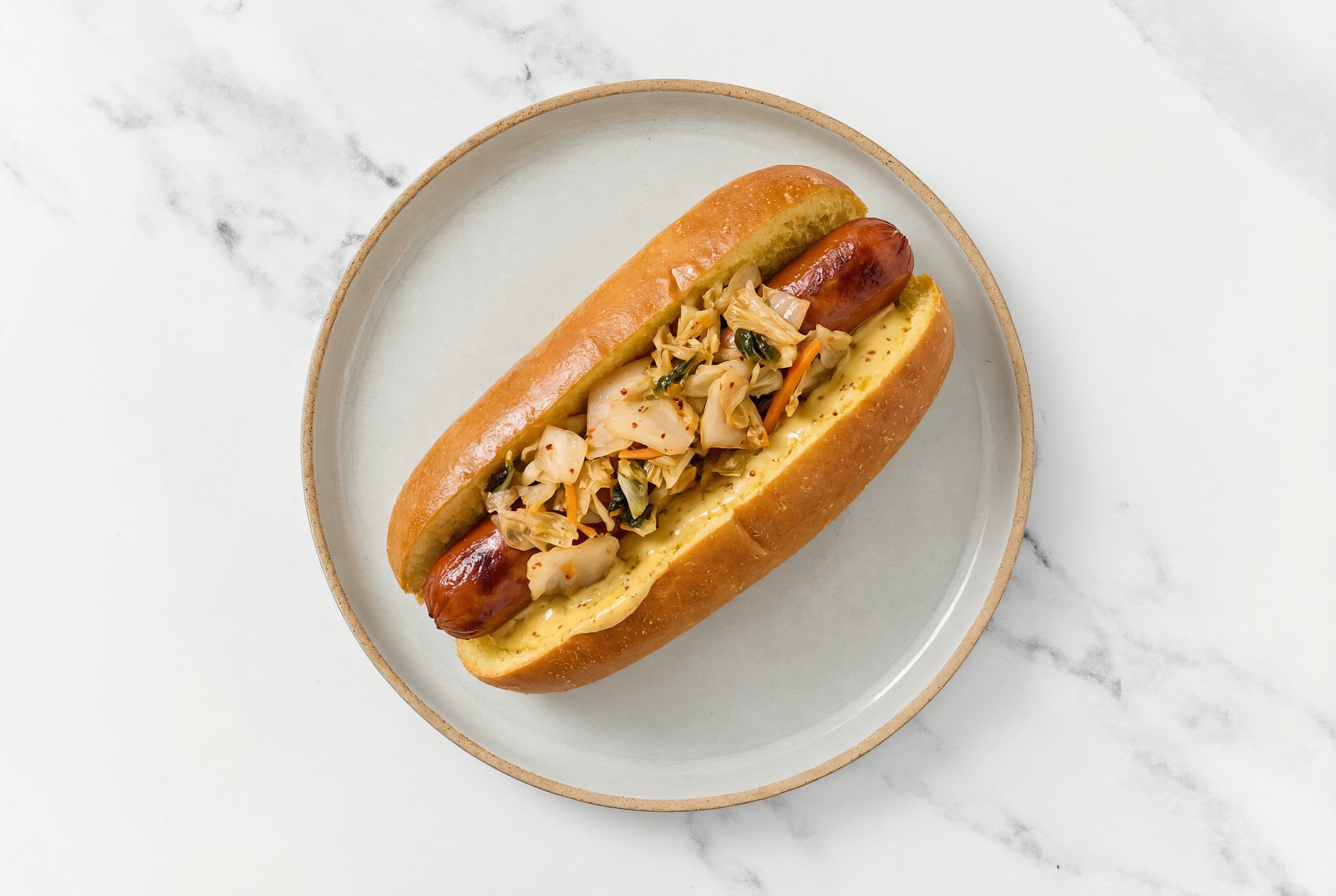 Kimchi Beef Hot Dog with Honey Mustard on Brioche