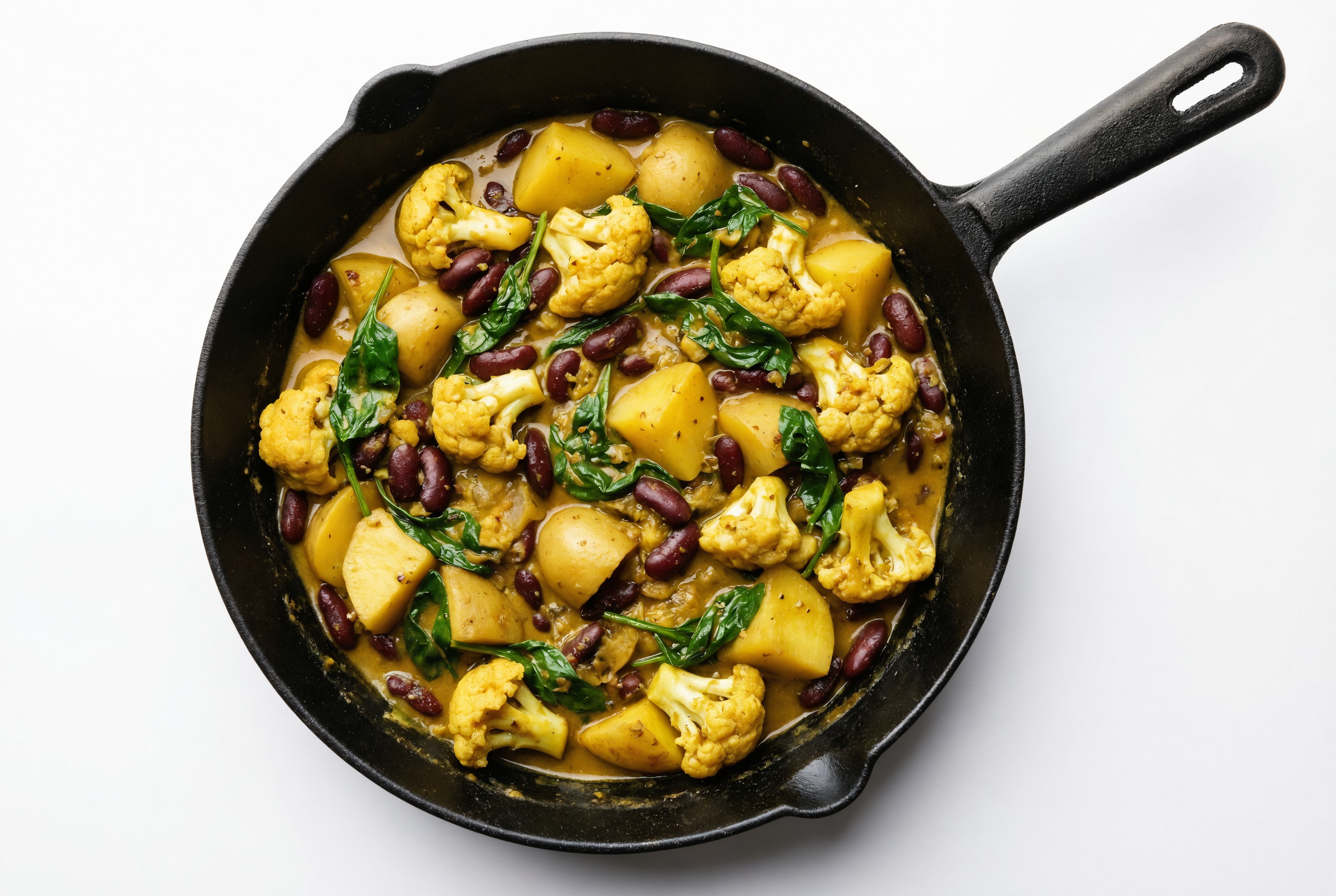 Kidney Beans, Cauli, Organic Spinach Saute with Coconut Curry + Yellow Potatoes