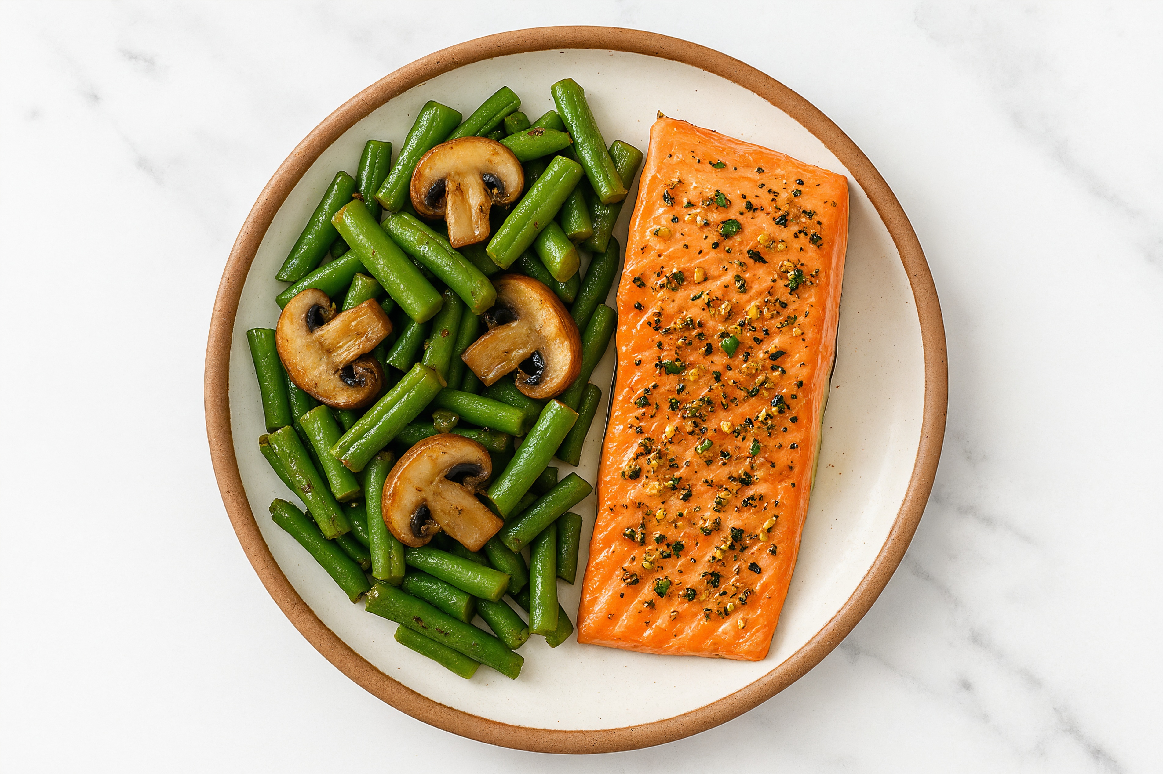 Garlic Roasted Wild Salmon with Organic Green Beans + Mushrooms