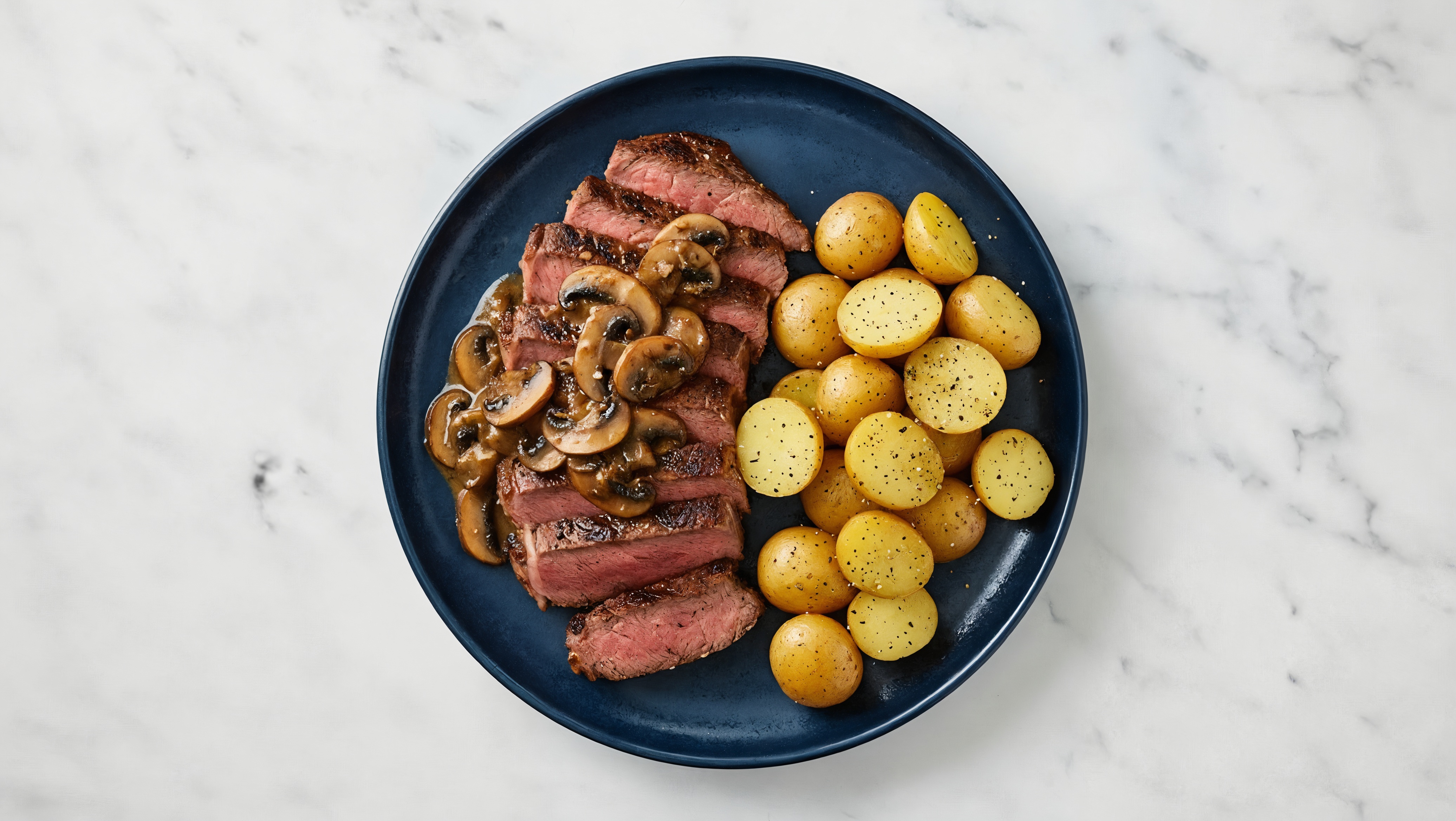Beef Sirloin Steak + Yellow Potatoes with Mushroom Pan Sauce