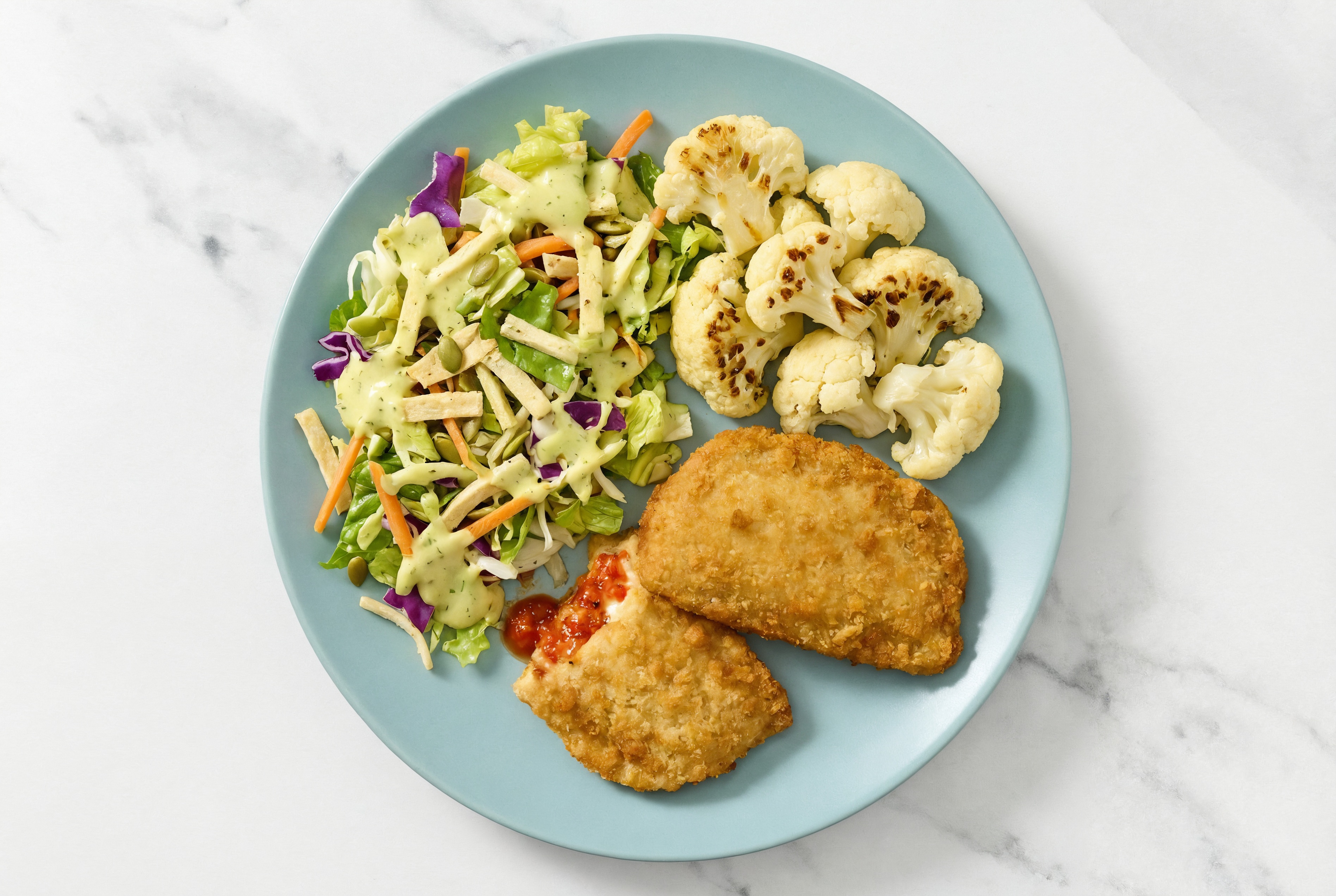 "Chicken" Parm with Cauliflower & Goddess Salad