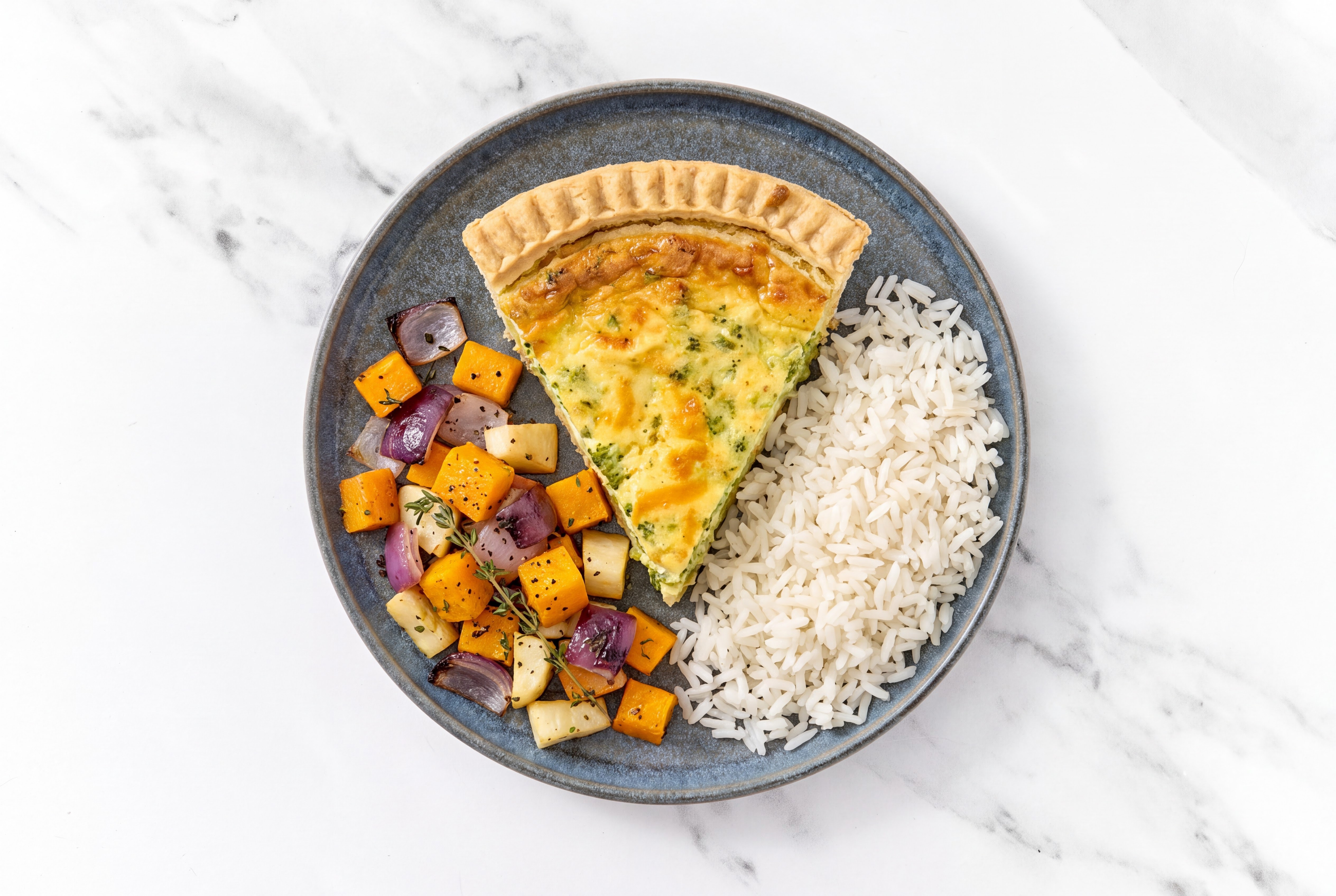 Broccoli & Cheddar Quiche with Roasting Veggies & White Rice