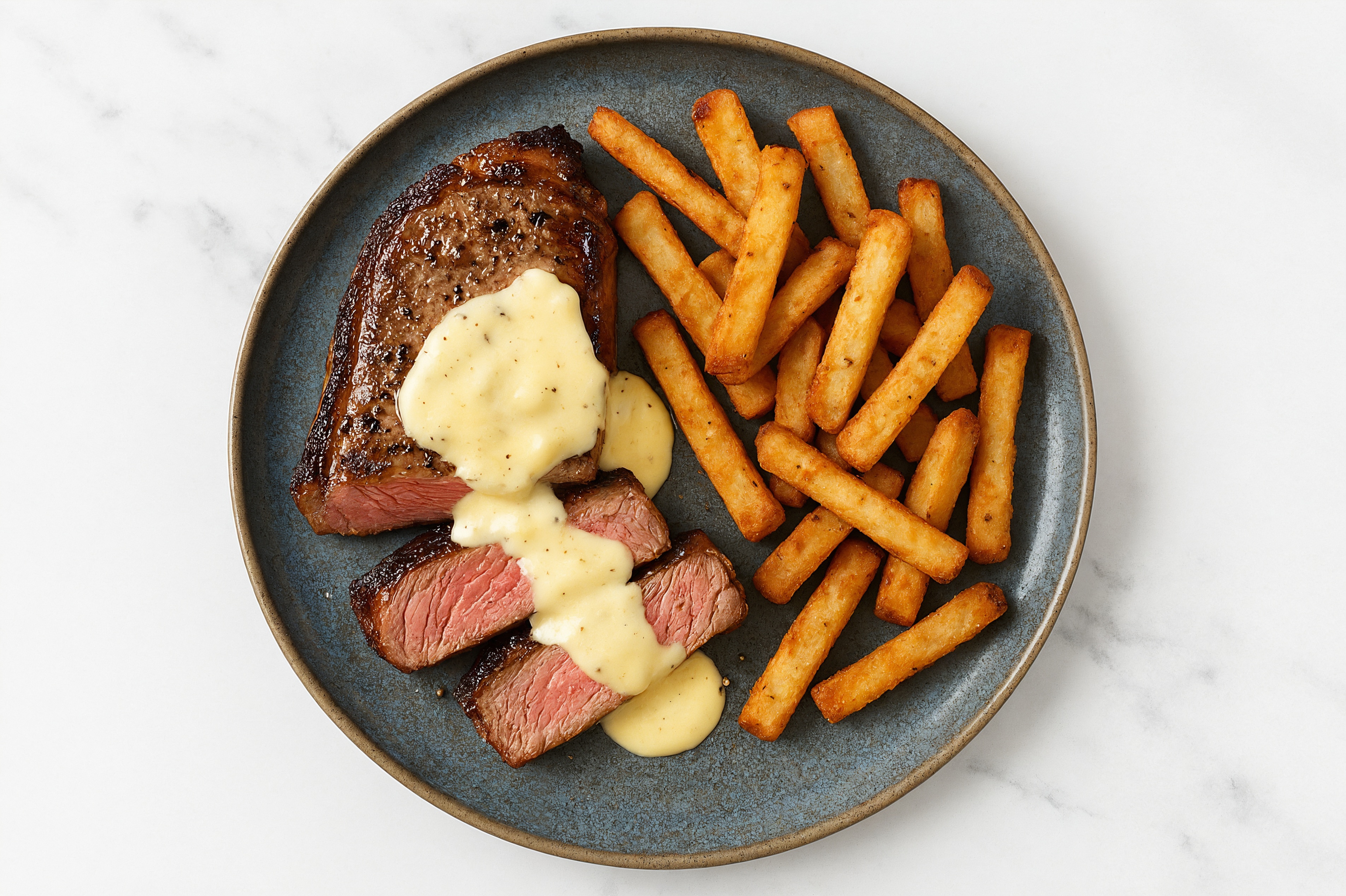 New York Strip with Garlic Sauce + Russet Fries