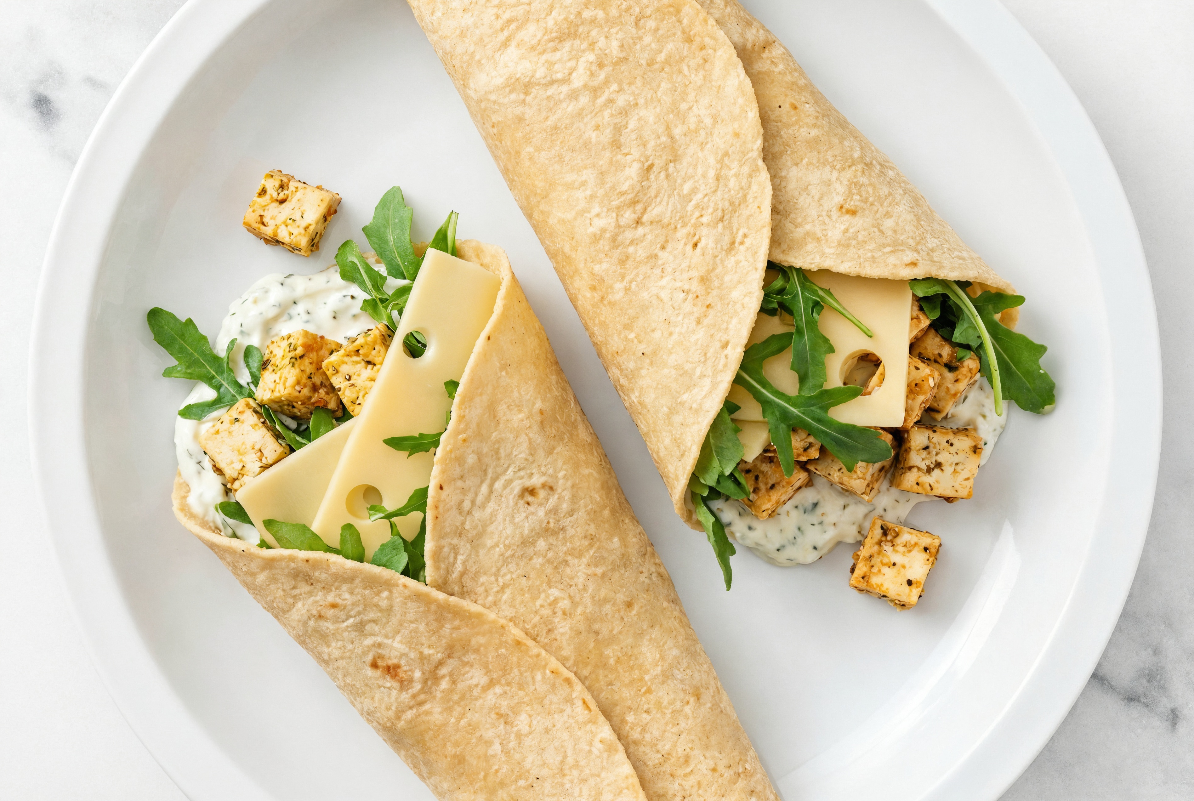 Tzatziki Spiced Tofu + Swiss Tortilla Wraps with Arugula