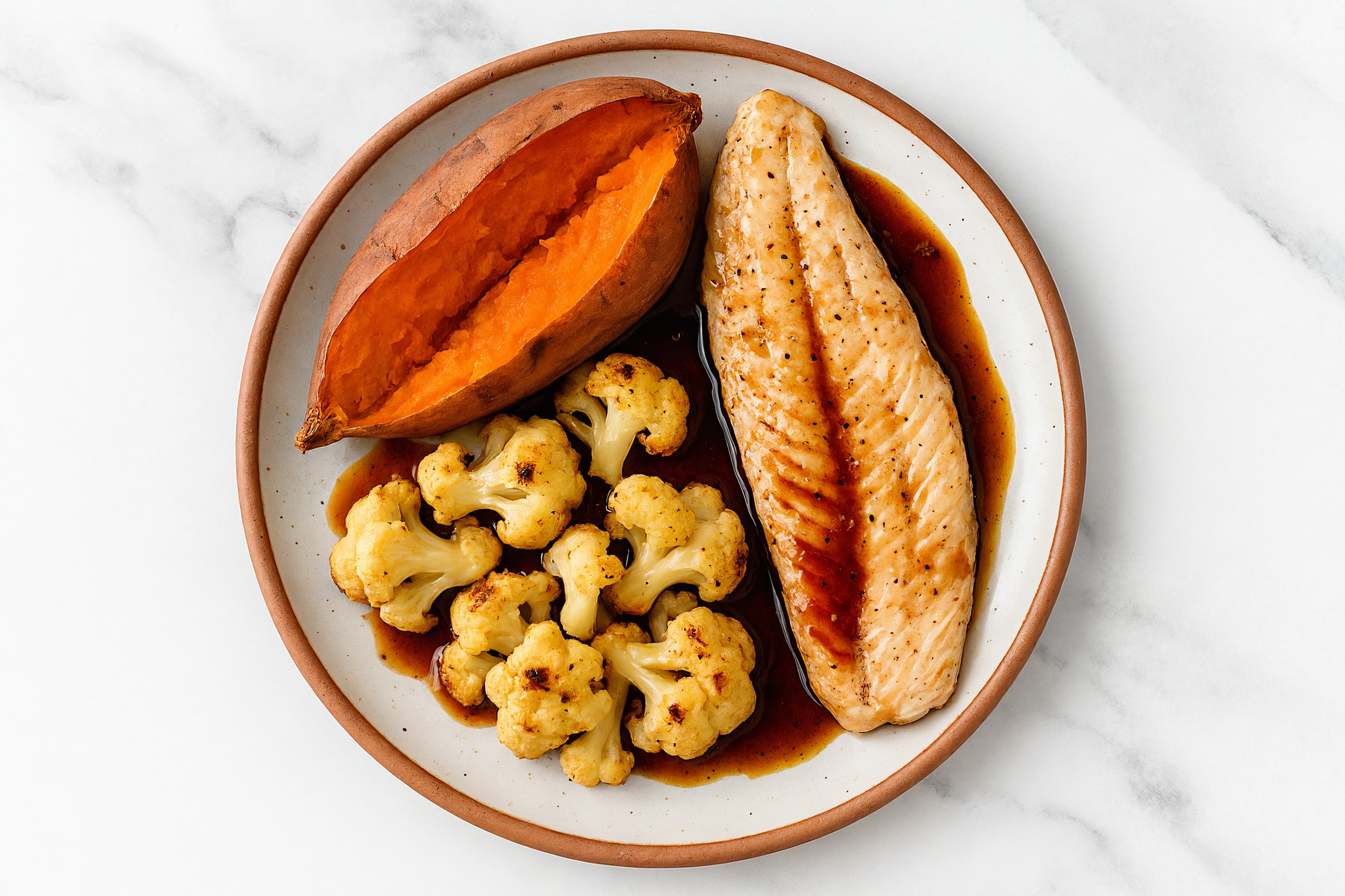 Teriyaki Steelhead Trout with Sweet Potato & Cauliflower