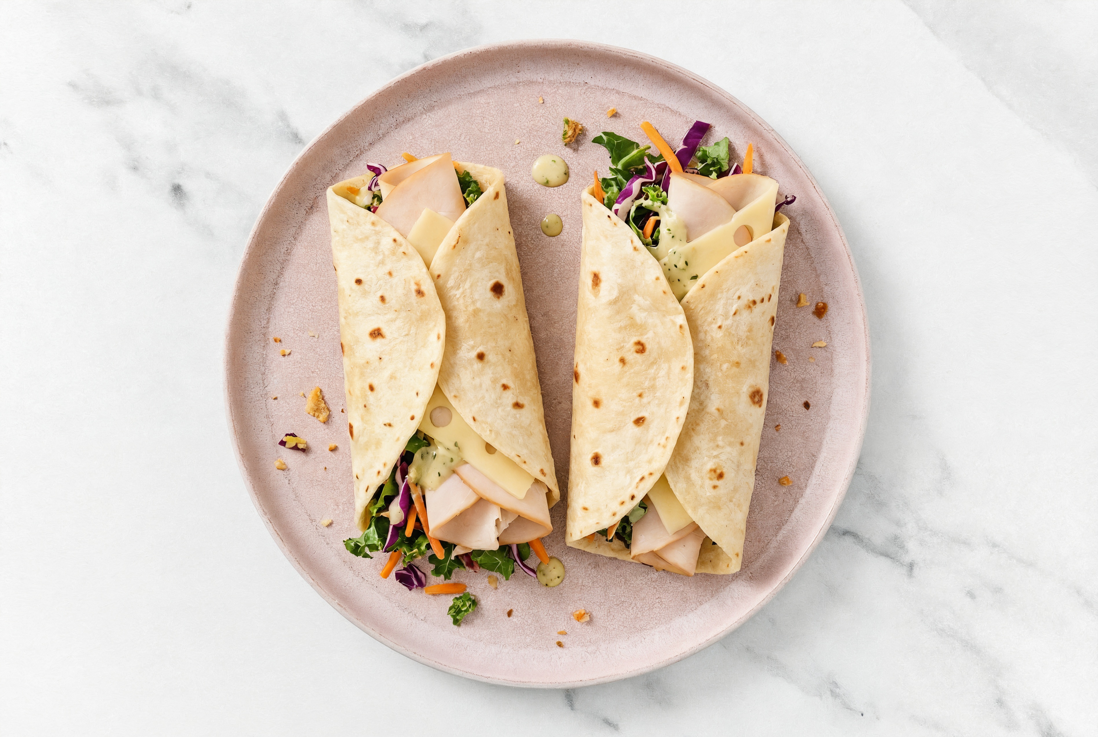 Herby Oven Roasted Breast Turkey + Swiss Tortilla Wraps with Rainbow Veggies