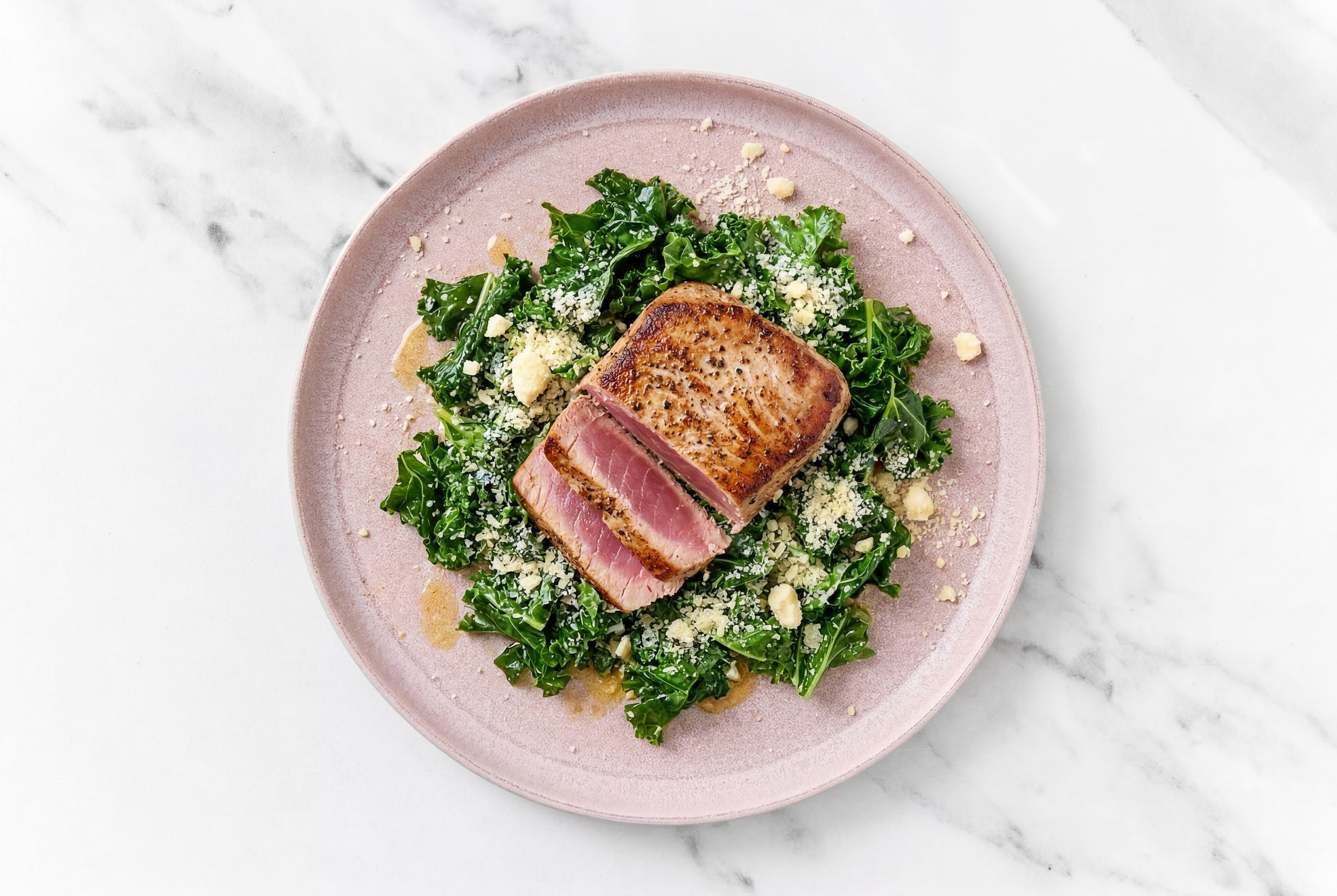 Balsamic Glazed Tuna Steak + Braised Kale with Grated Parmesan Cheese