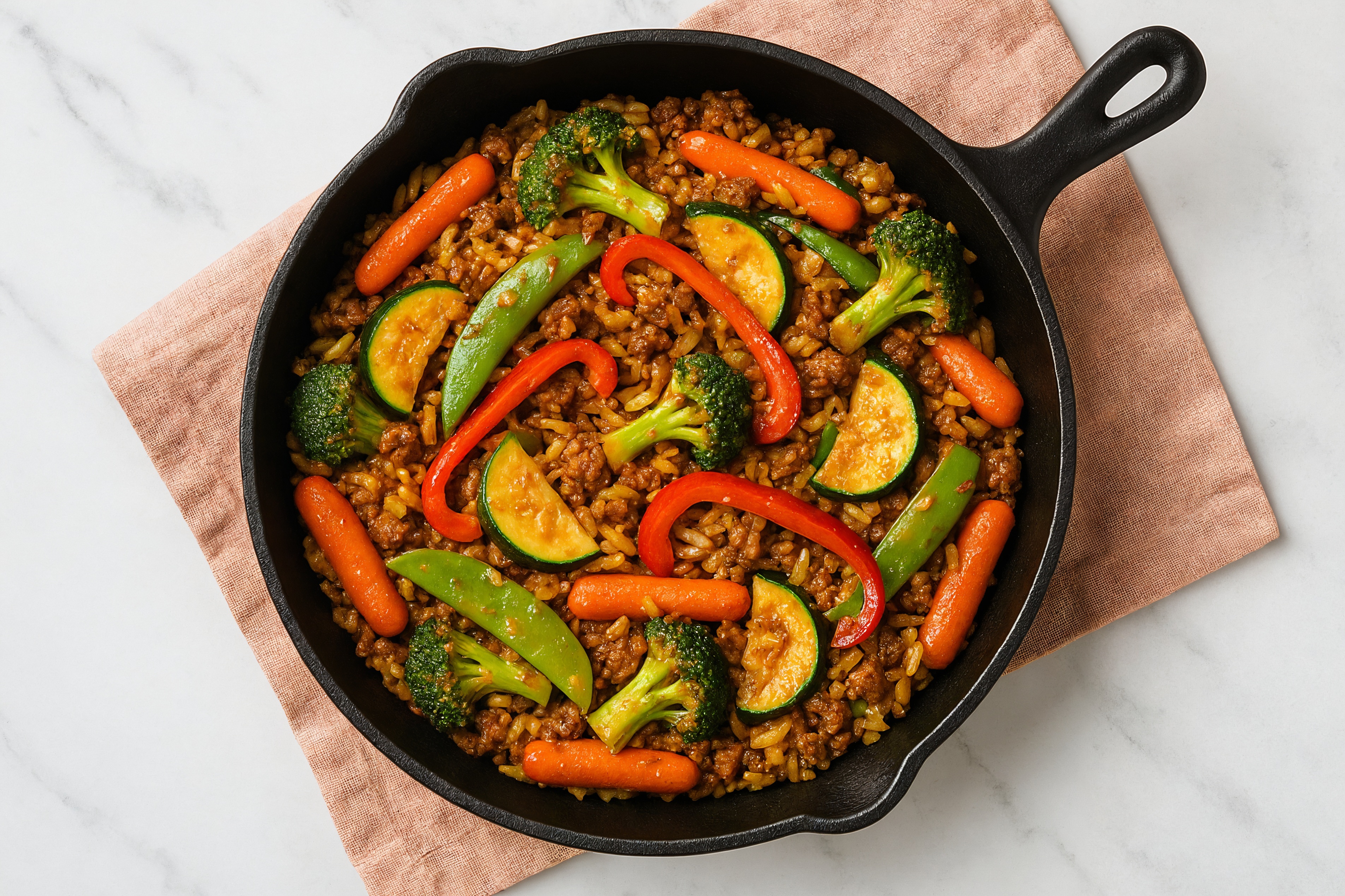 Sesame Ginger Veggie + Ground Bison Stir-Fry with Seasoned Jasmine Rice