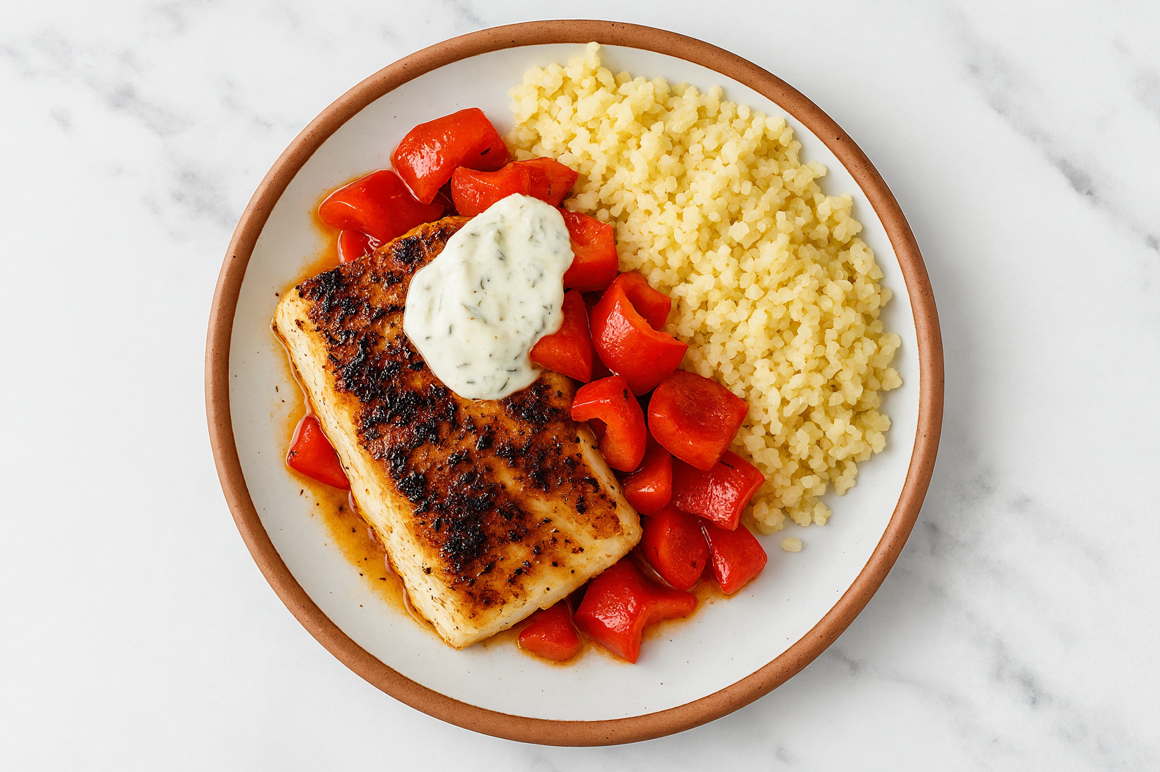 Halibut + Dairy-Free Tzatziki Couscous Grain Bowl